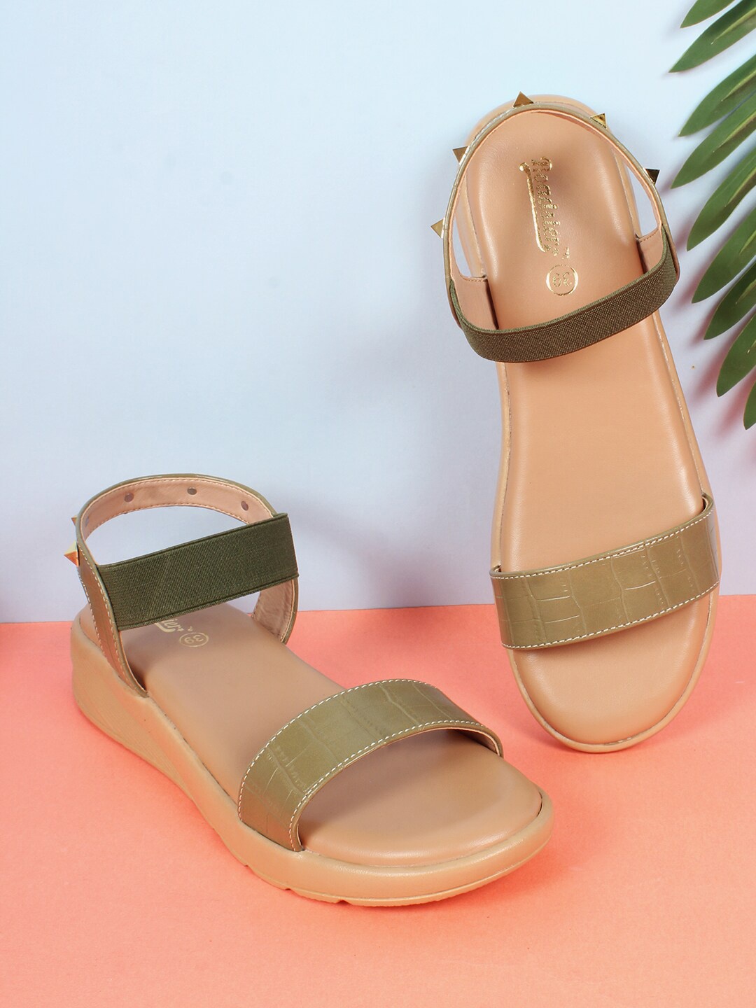 

Roadster Olive Green & Tan Brown Air Max Textured Embellished Comfort Heels With backstrap
