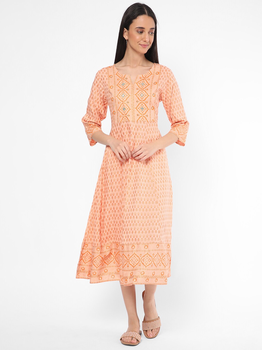 

R&B Floral Mirror Work Maxi Dress, Peach
