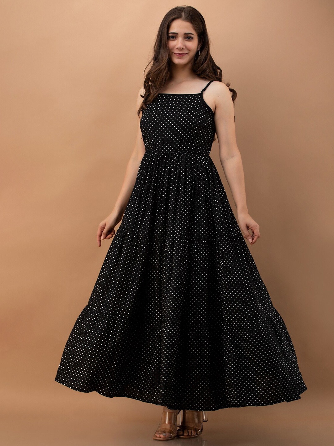 

DAEVISH Shoulder Straps Polka Dot Printed Maxi Dress, Black