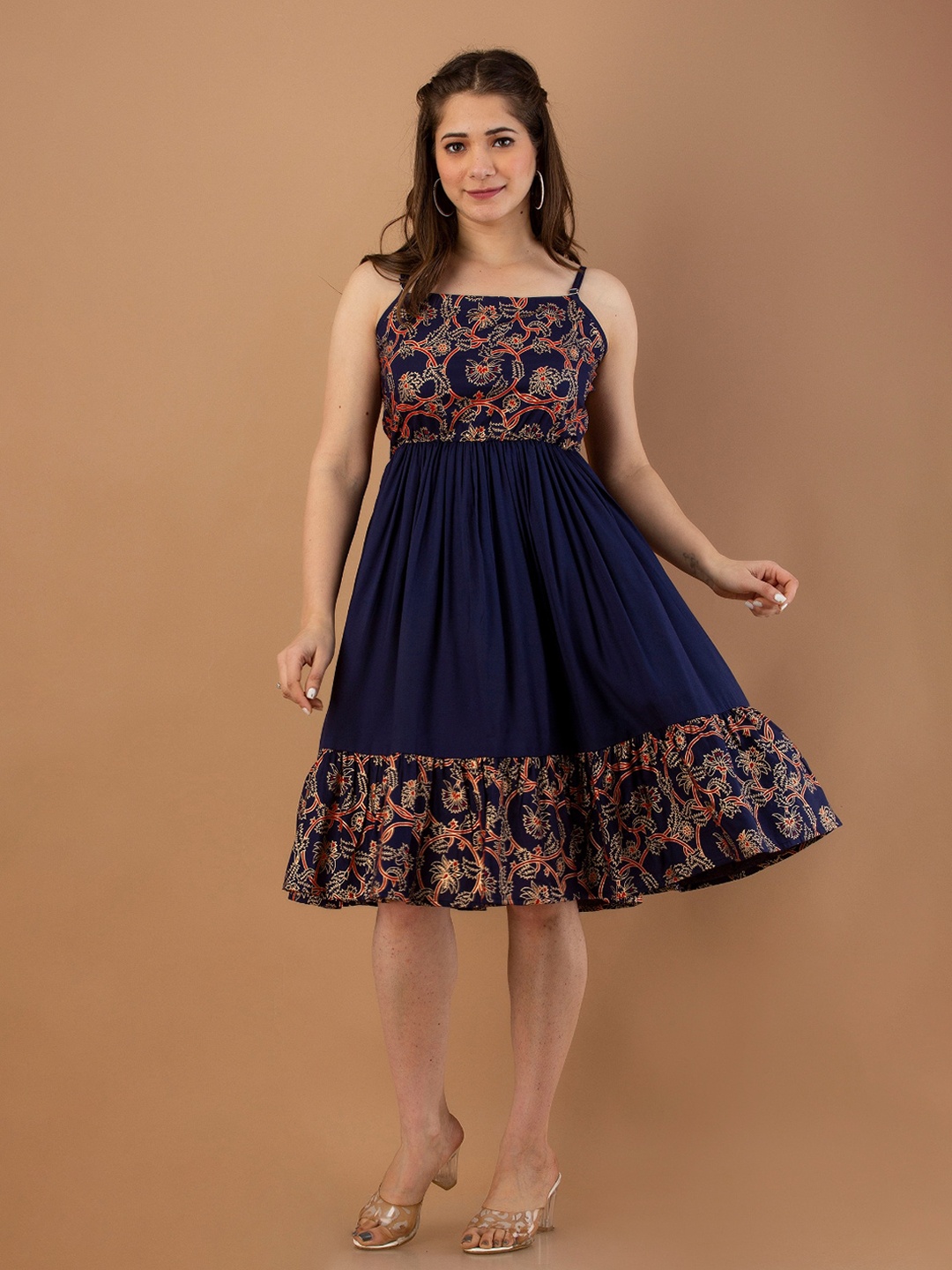 

DAEVISH Shoulder Straps Ethnic Motifs Fit and Flare Dress, Blue