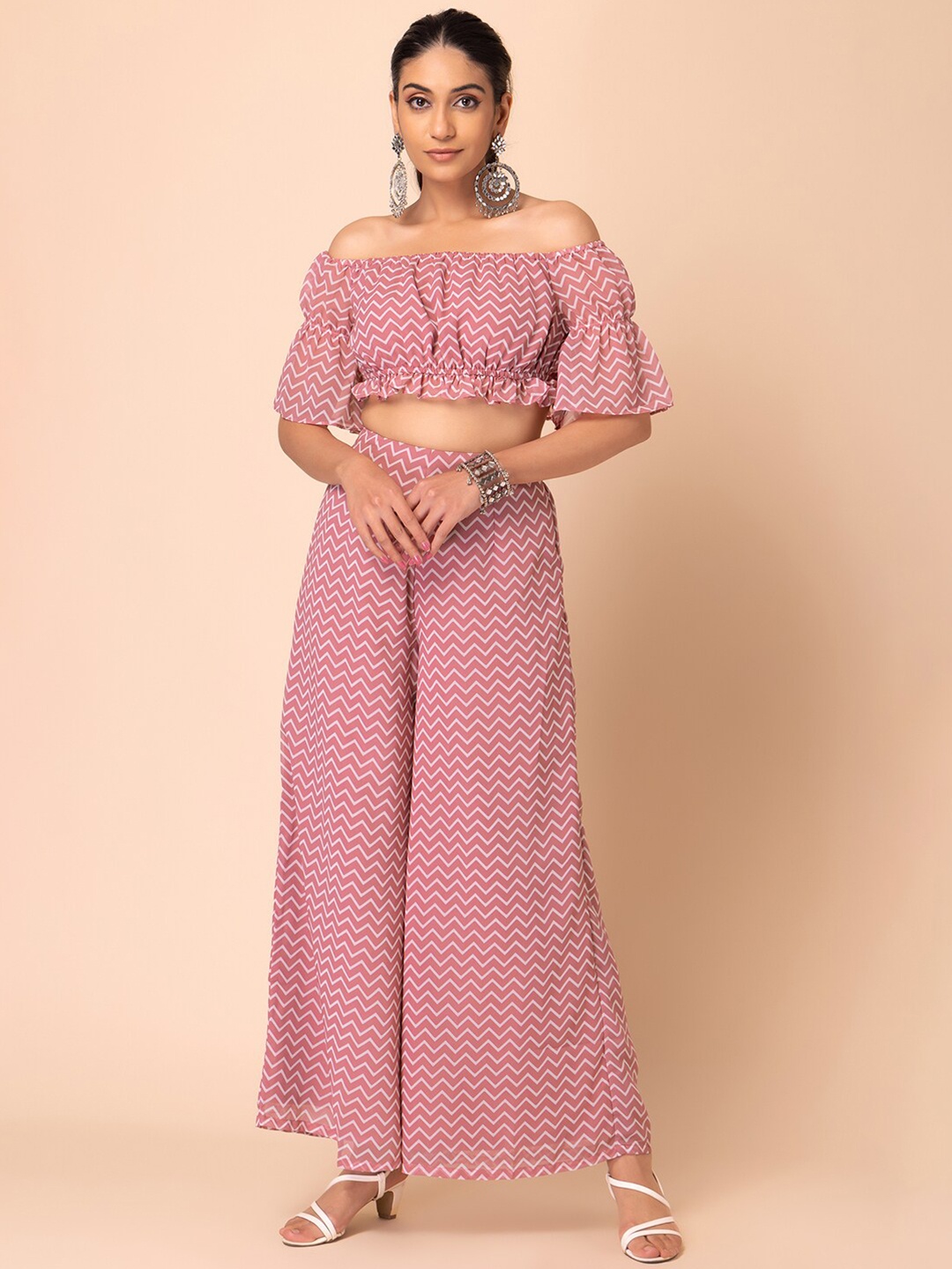 

INDYA Chevron Printed Off Shoulder Crop Co-ords, Pink