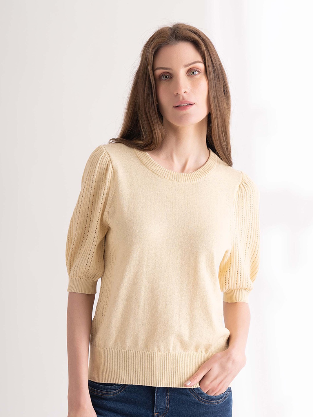 

B.Copenhagen Self Design Round Neck Puff Sleeves Pullover, Yellow
