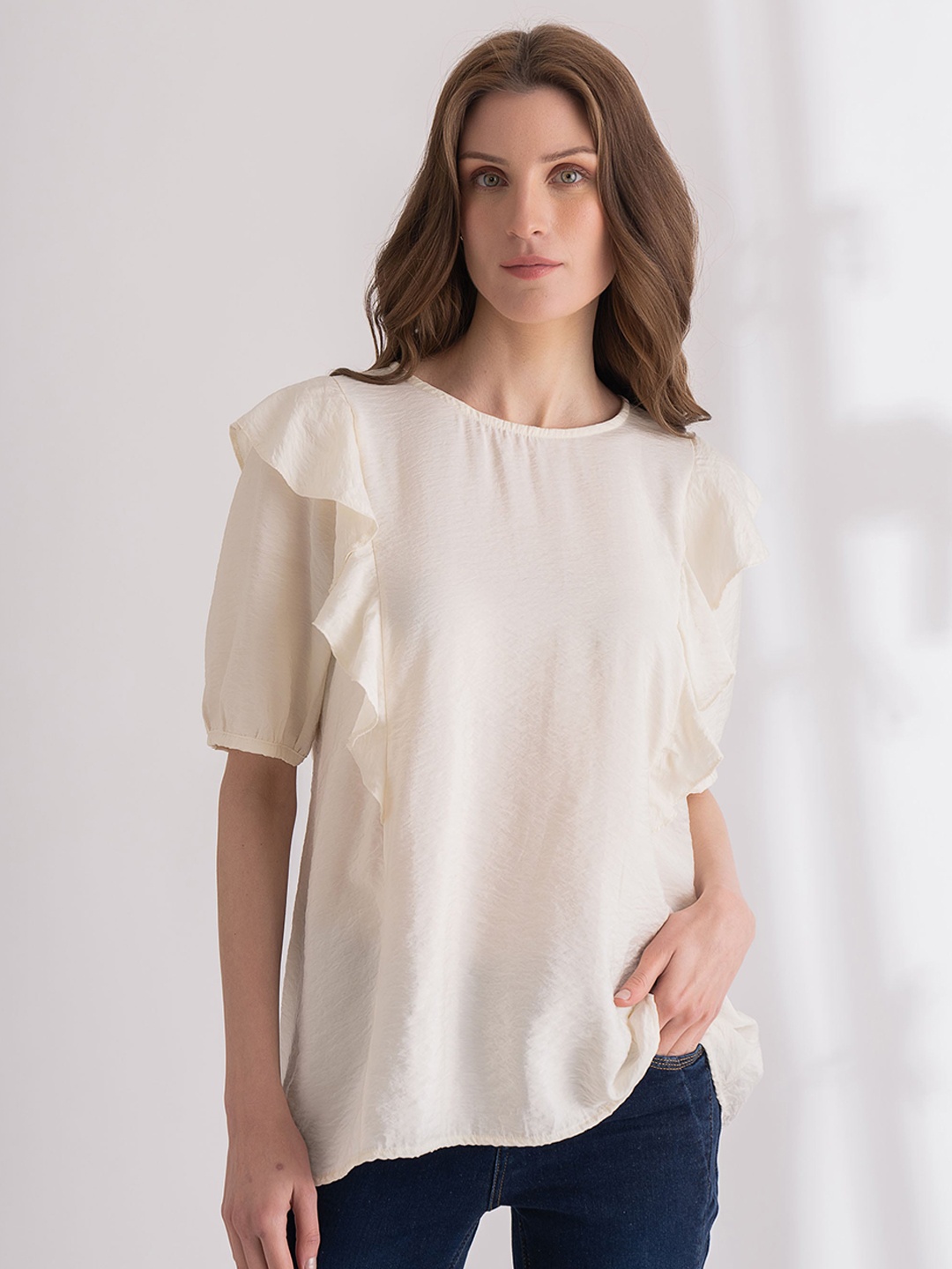 

B.Copenhagen Round Neck Puff Sleeves Regular Top, Off white