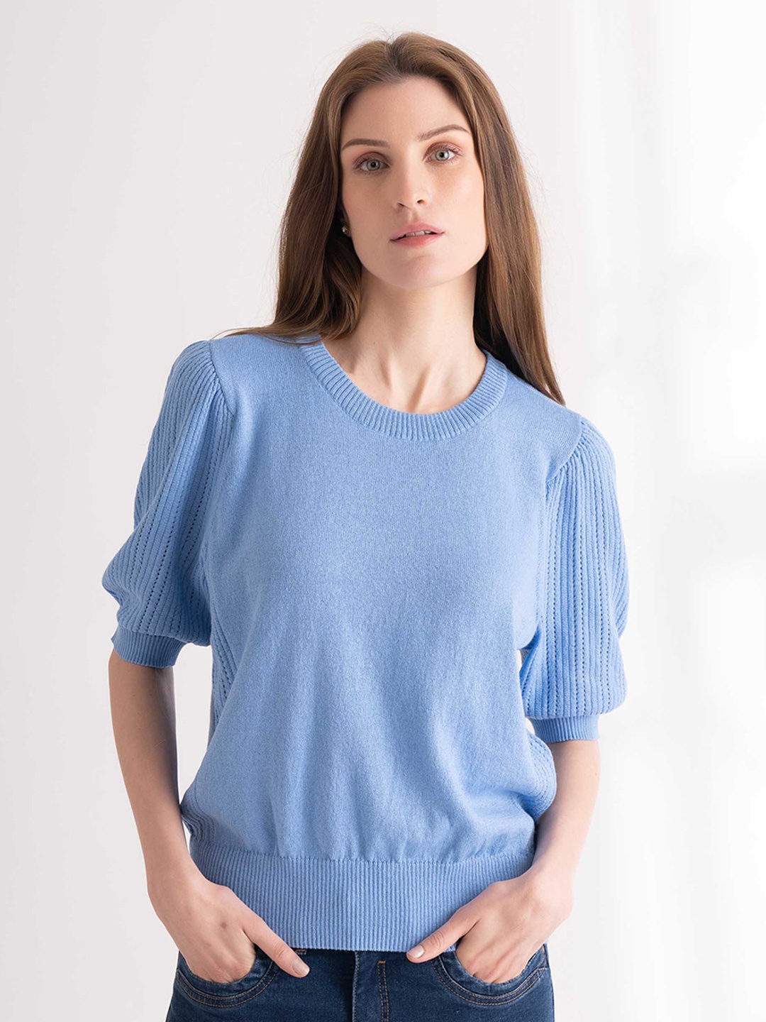 

B.Copenhagen Round Neck Puff Sleeves Top, Blue