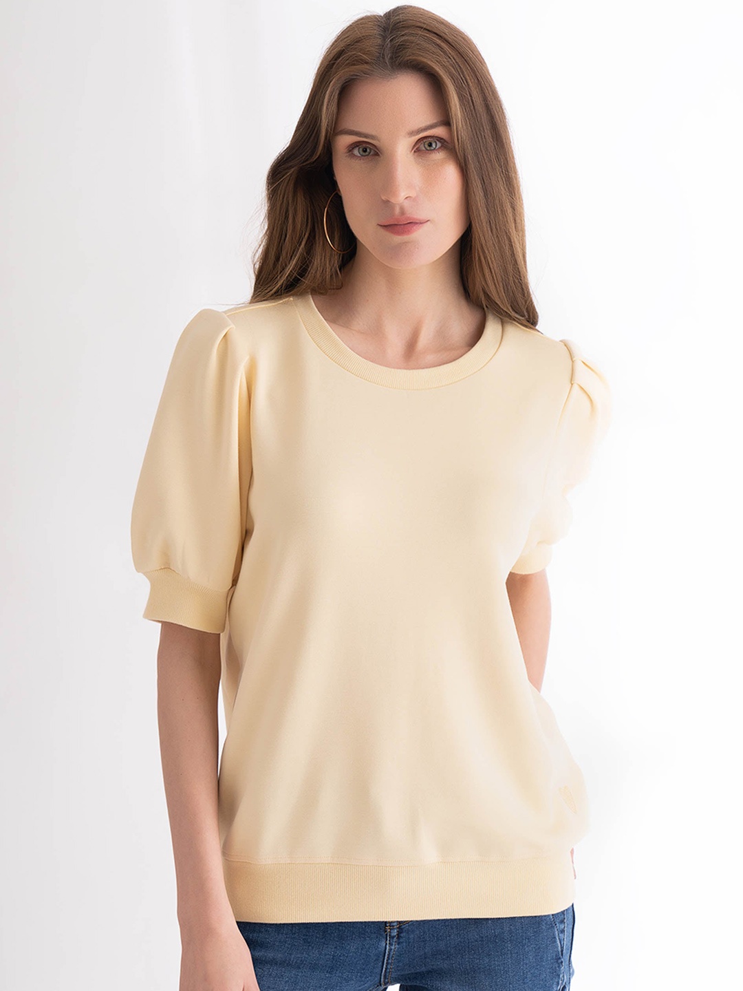 

B.Copenhagen Round Neck Crepe Puff Sleeves Top, Yellow