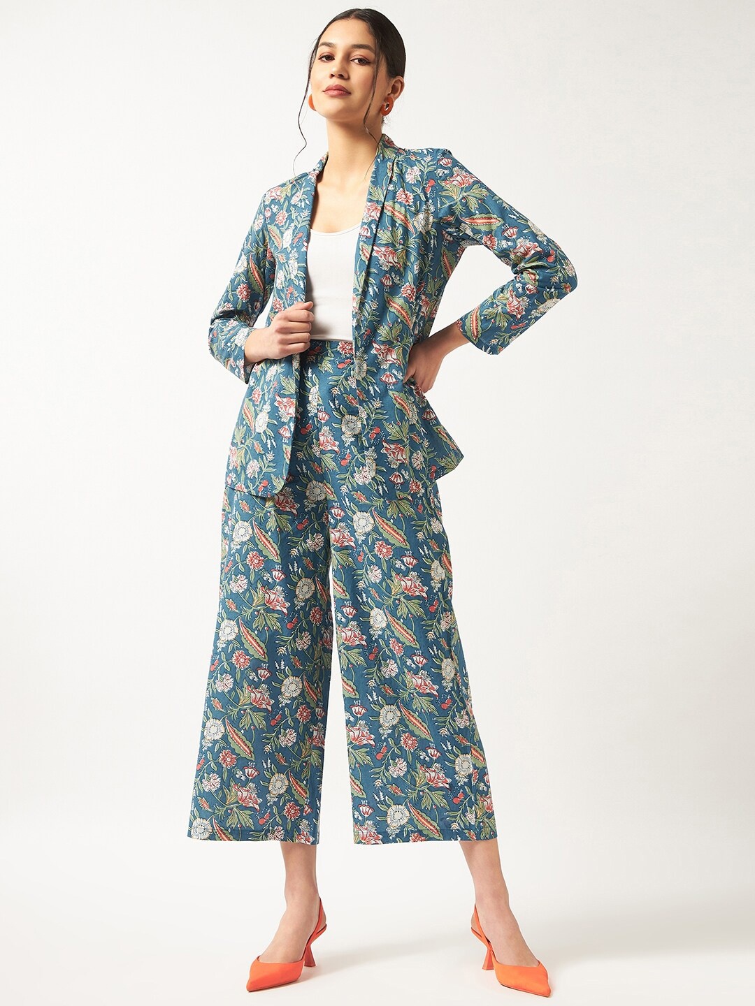 

Pannkh Women Floral Printed Blazer With Trousers, Teal
