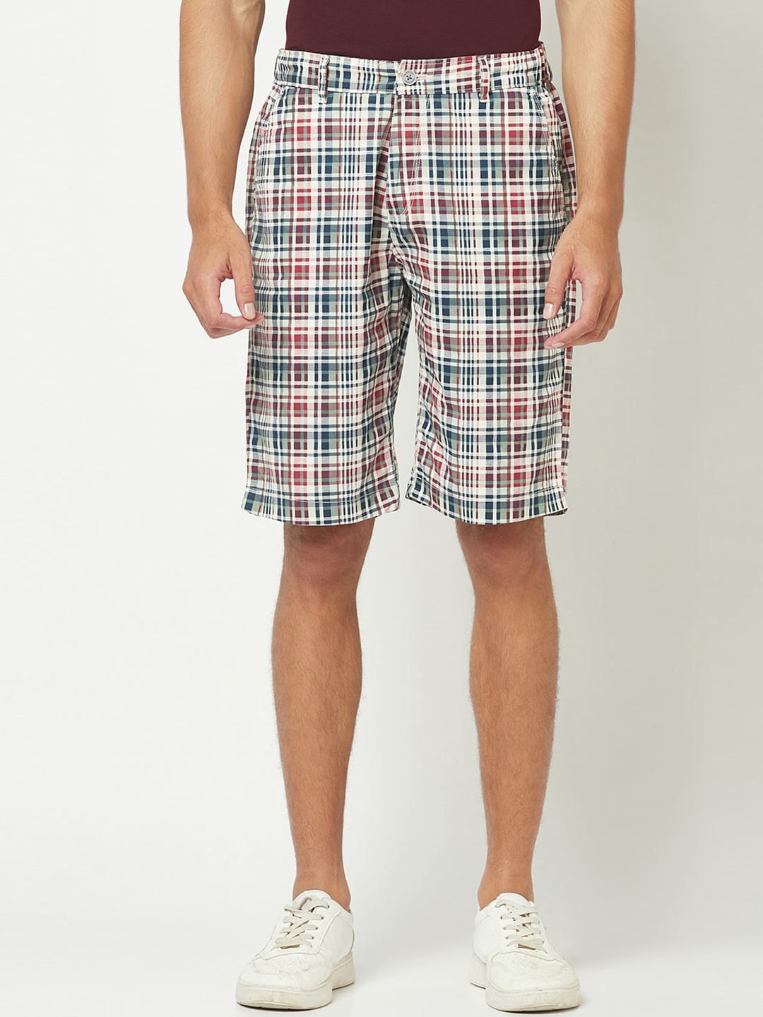 

Crimsoune Club Men Checked Mid-Rise Pure Cotton Shorts, White
