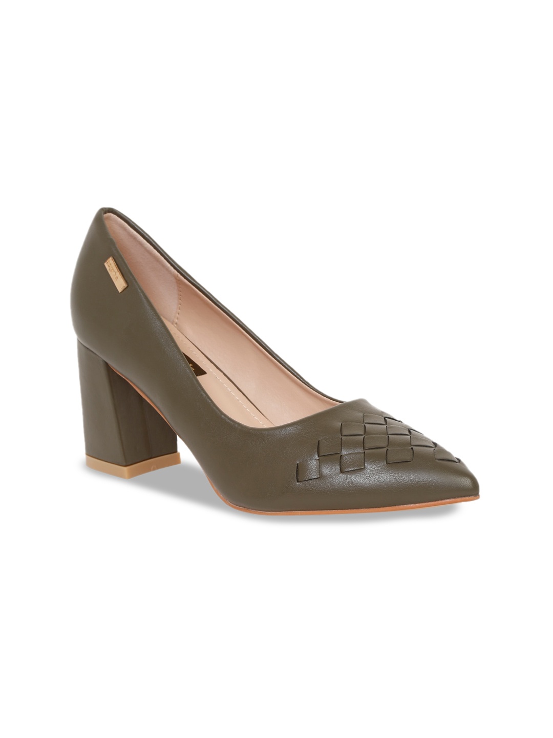 

Flat n Heels Woven Design Pointed Toe Block Pumps, Olive