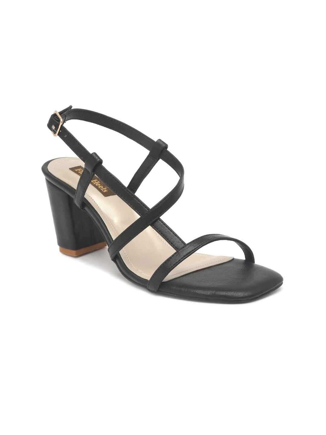 

Flat n Heels Block Open Toe Heels with Buckles, Black