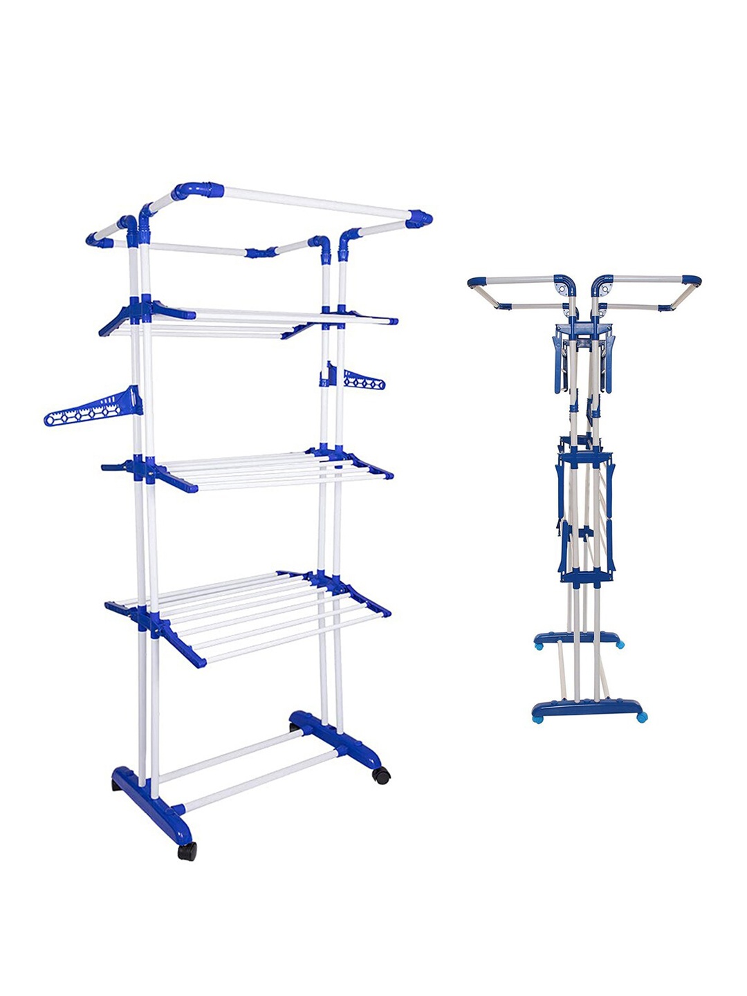 

Kuber Industries Blue 4-Tier Stainless Steel Movable Laundry Clothes Rack