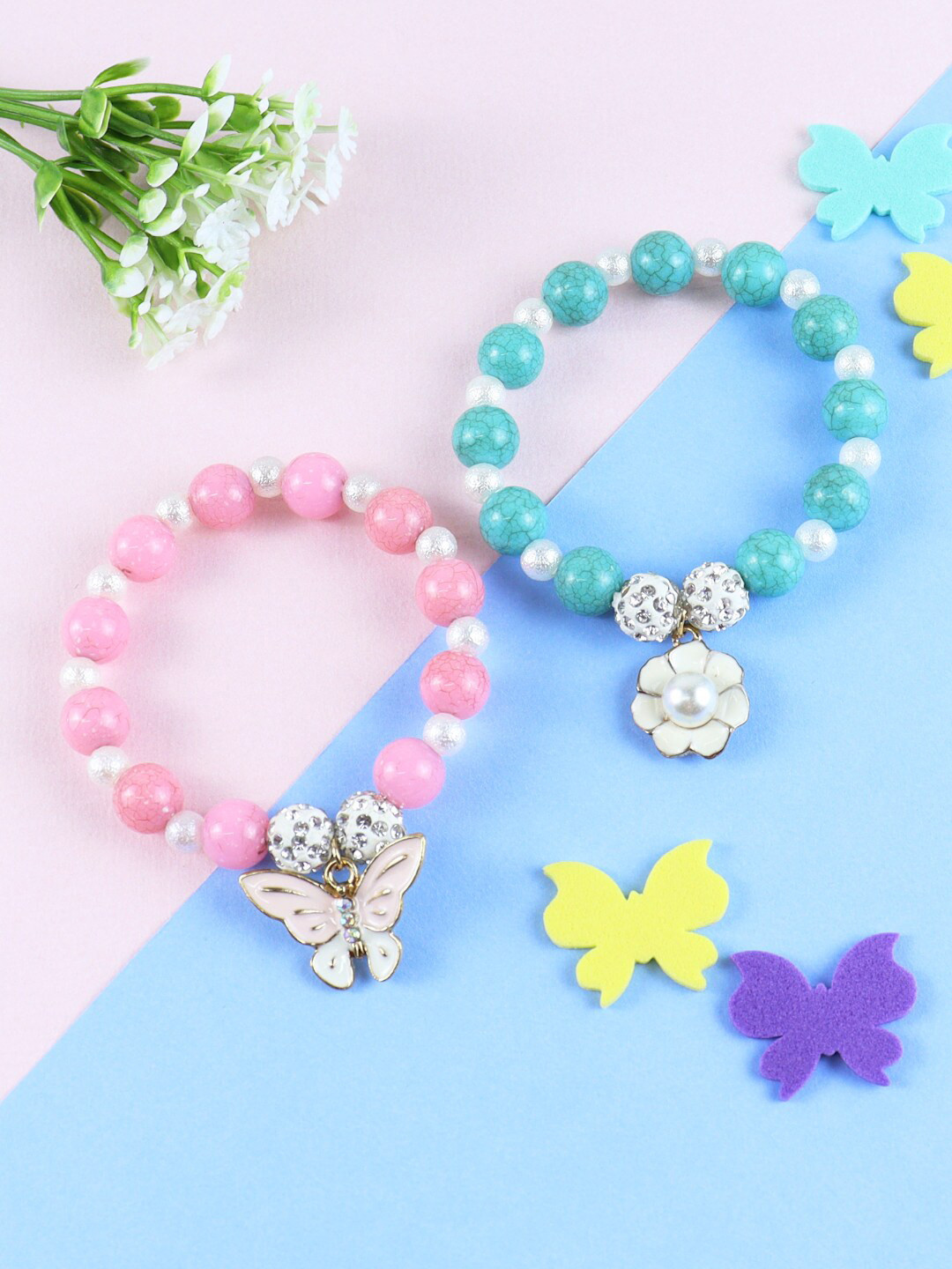 

Asthetika Kids Girls Set Of 2 Silver Plated Beaded Elasticated Bracelet