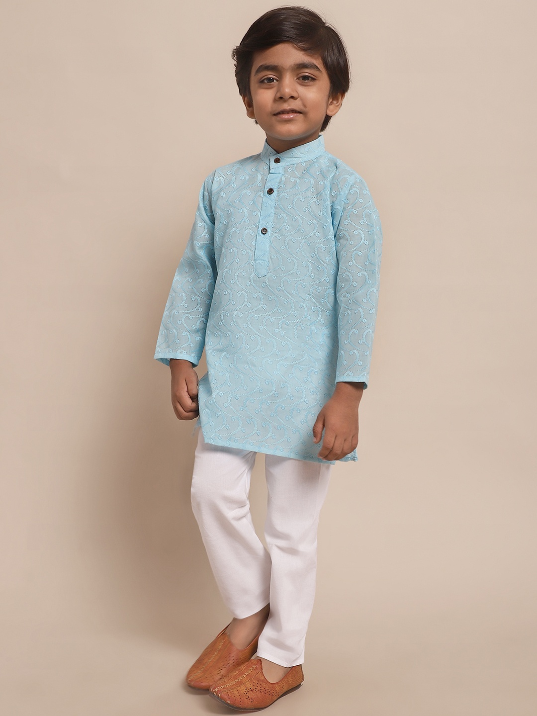 

Superminis Boys Geometric Embroidered Pure Cotton Kurta with Pyjamas, Blue