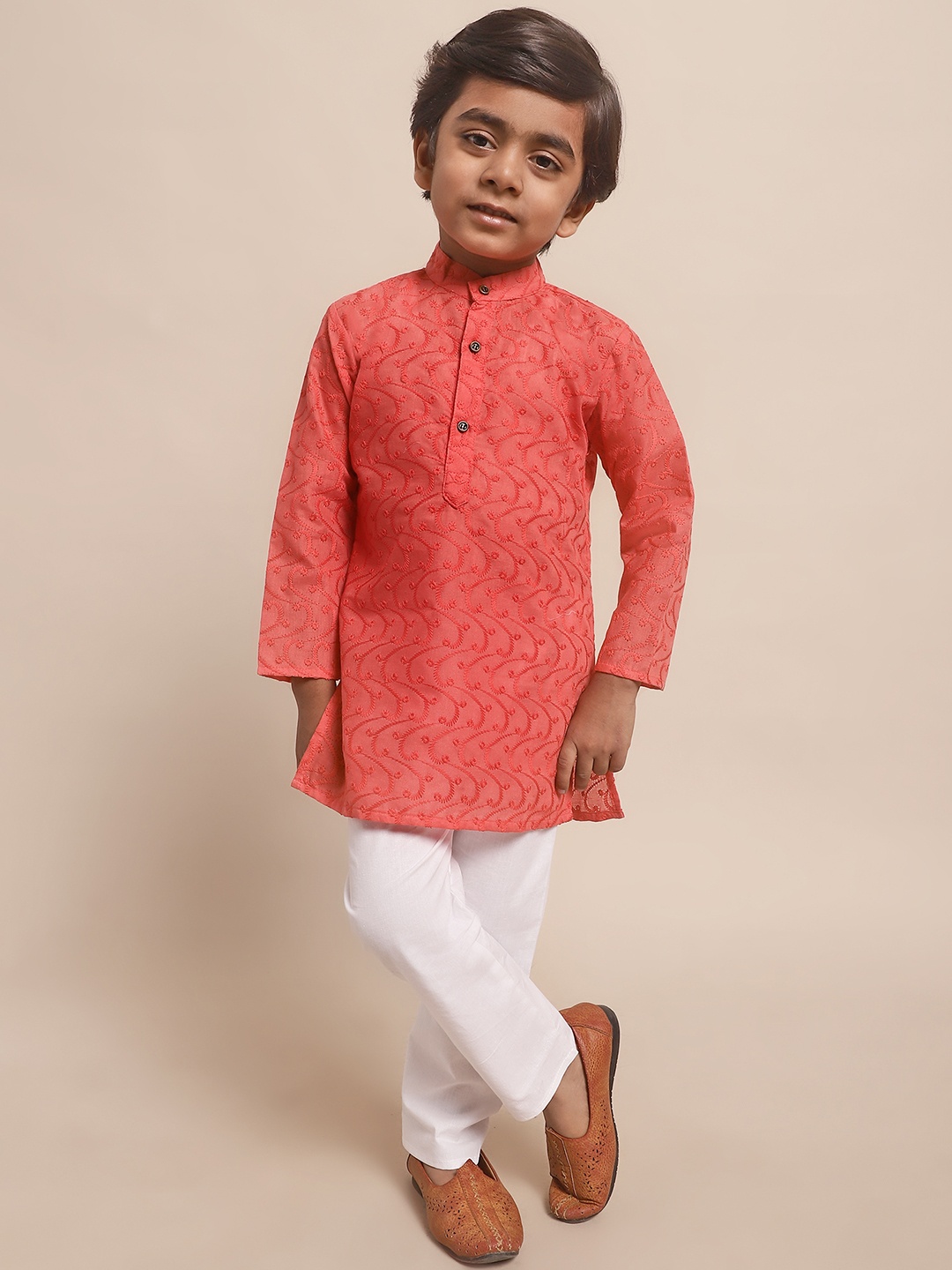 

Superminis Boys Geometric Embroidered Pure Cotton Kurta With Pyjamas, Coral