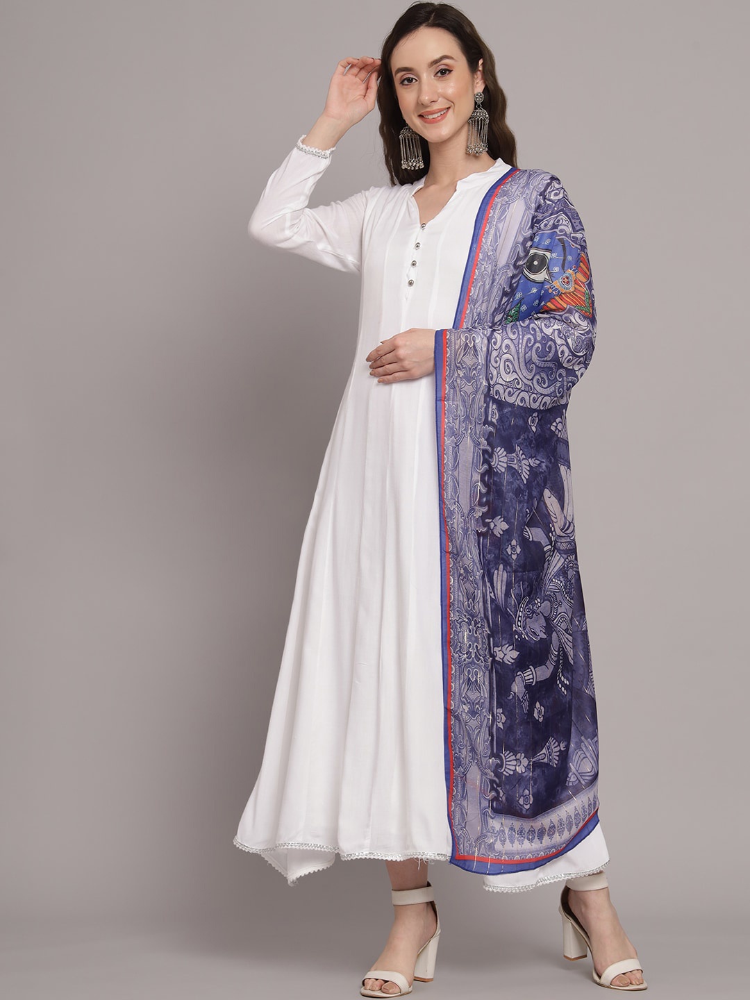 

Myshka Women White Ethnic Motifs Ethnic Dress With Dupatta