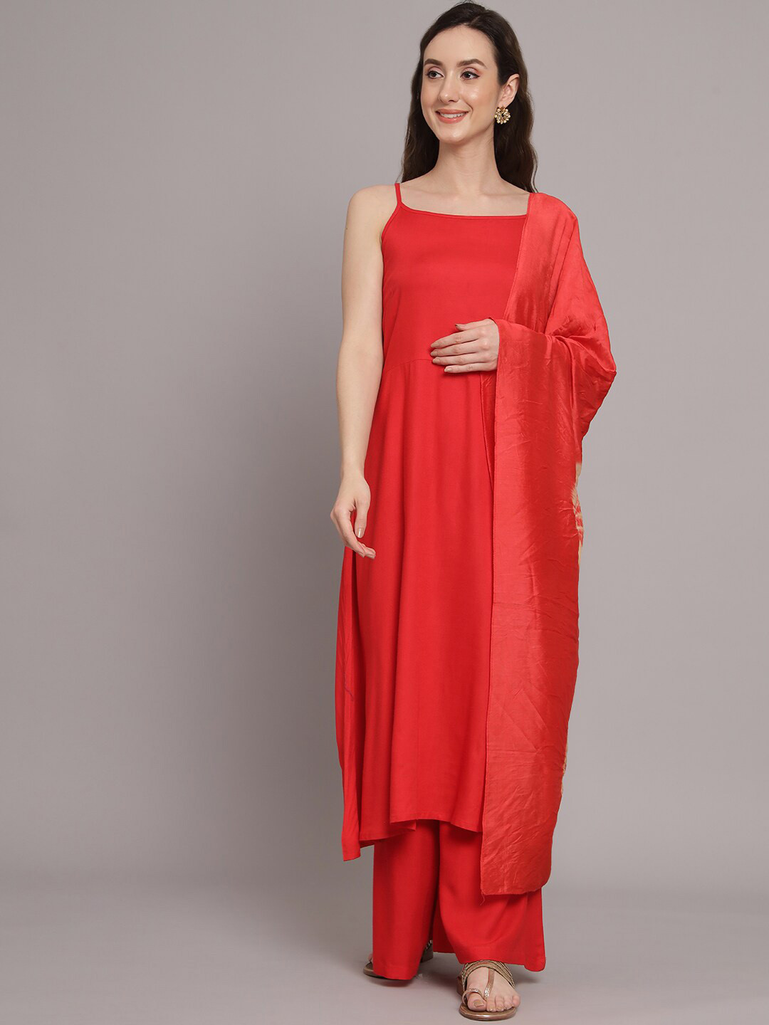 

Myshka Shoulder Straps Kurta With Palazzos & Dupatta, Red