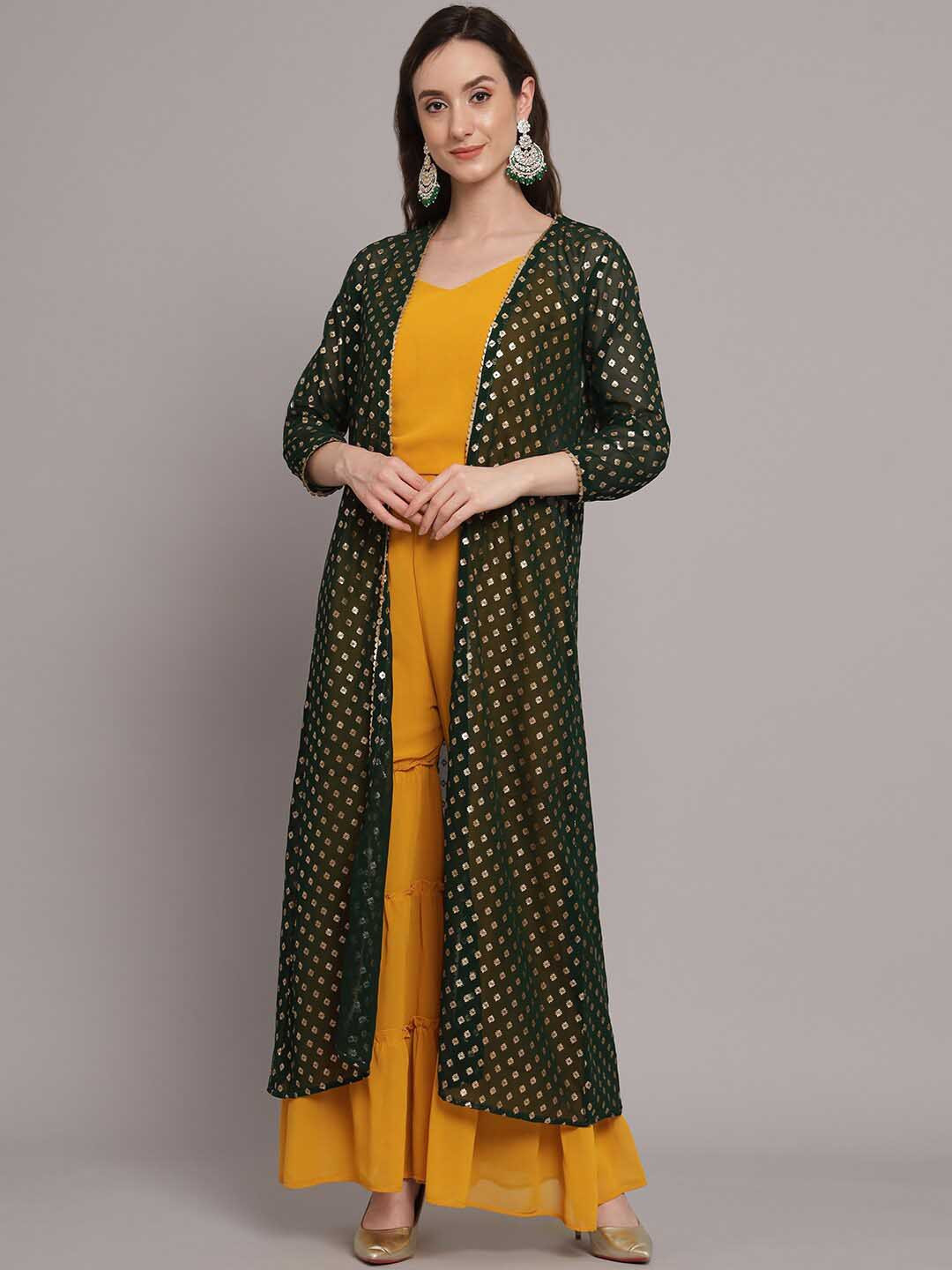 

Myshka Shoulder Straps Top with Sharara & Jacket, Mustard
