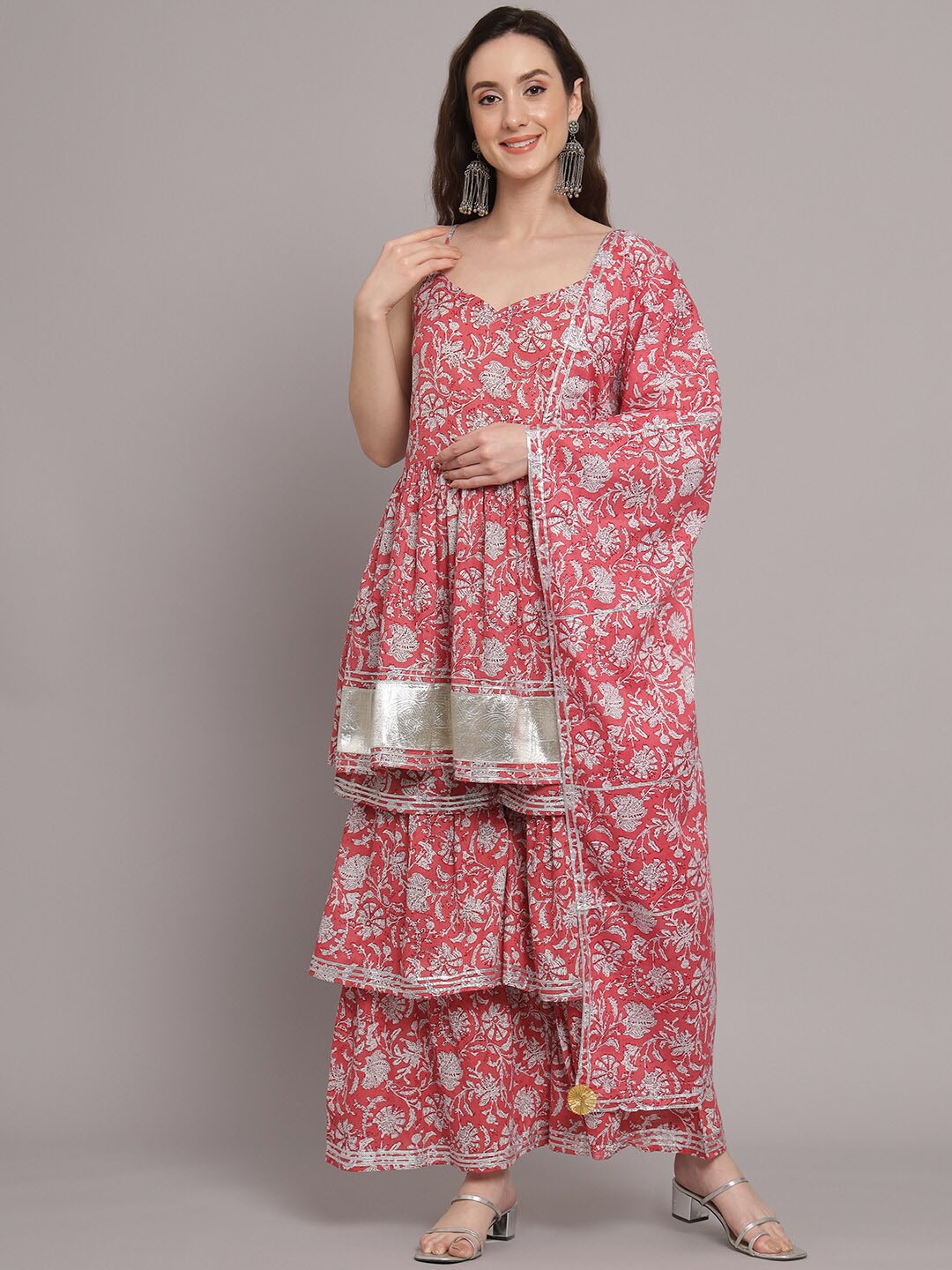 

Myshka Floral Printed Anarkali Pure Cotton Kurta with Sharara & Dupatta, Pink