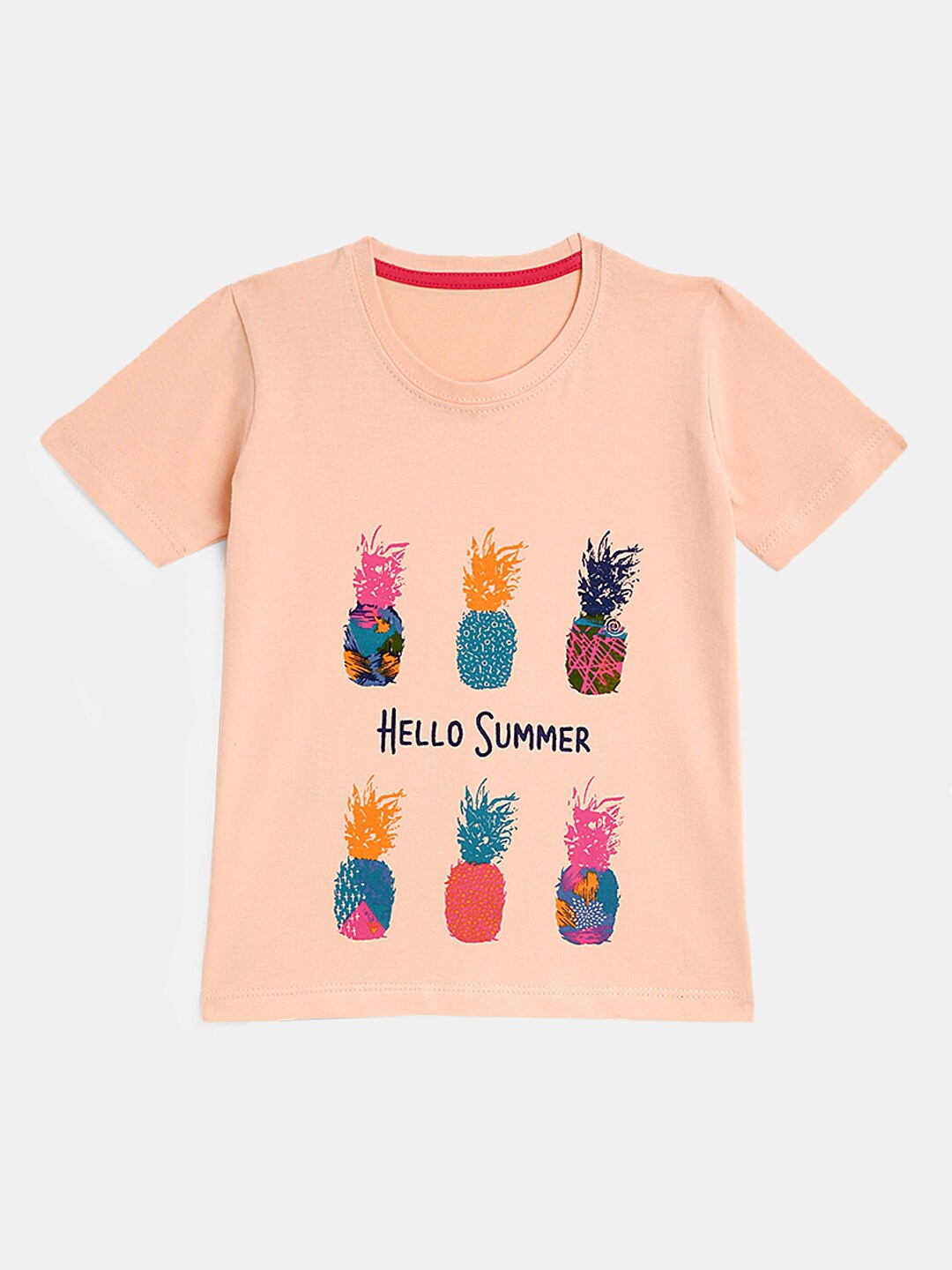 

YK Girls Tropical Printed Round Neck Cotton T-shirt, Peach
