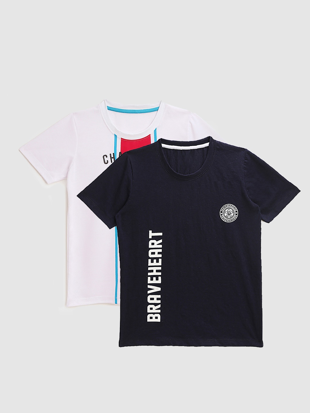 

YK Boys Pack of 2 Typography Printed Cotton T-shirts, Navy blue