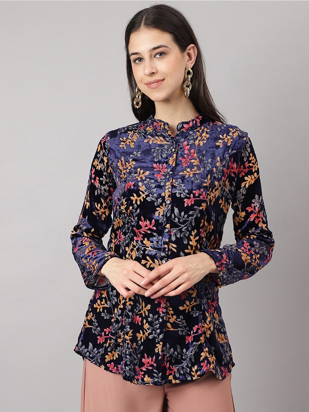 

Divena Blue Floral Print Tie-Up Neck Velvet Shirt Style Top