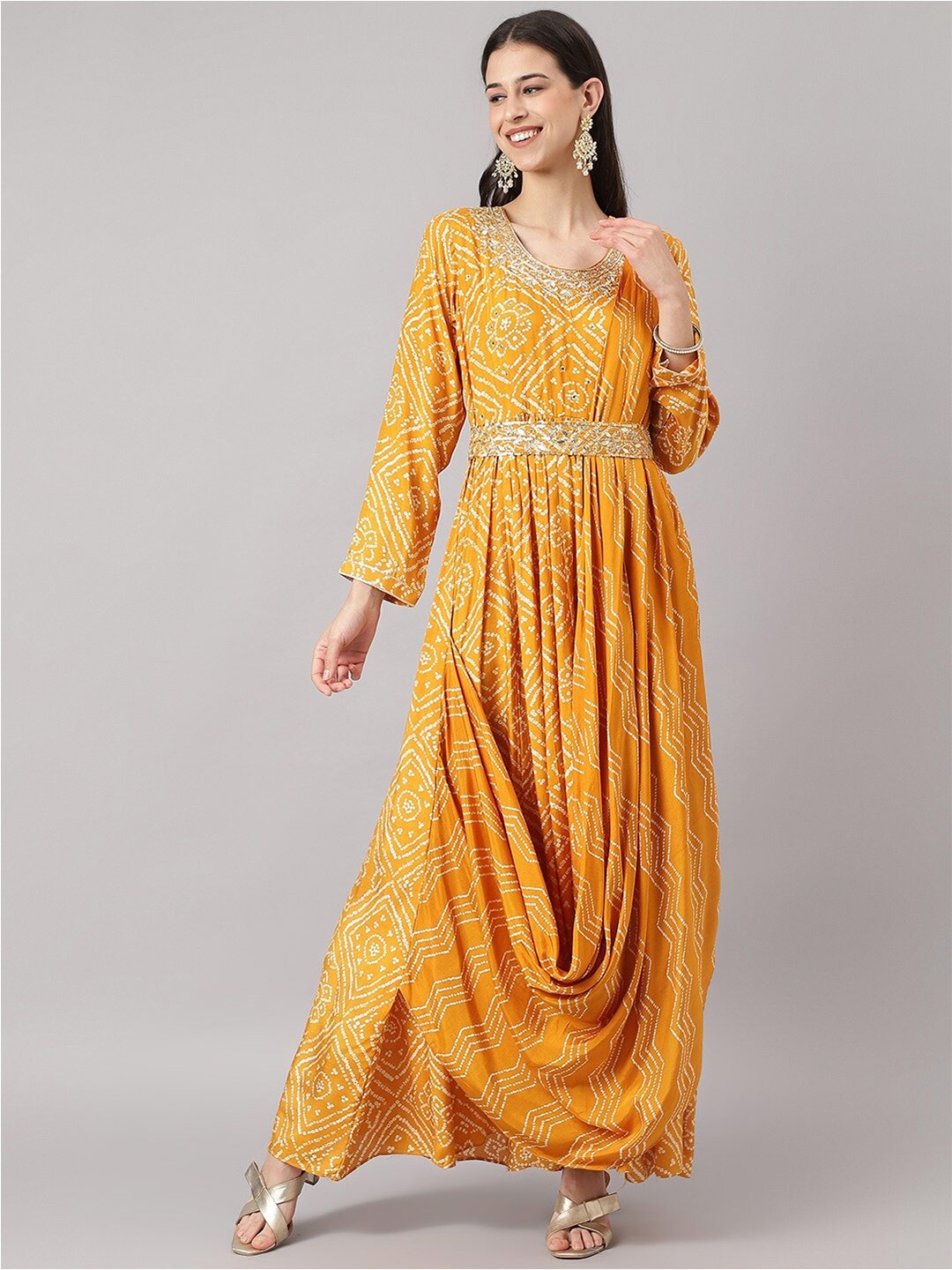 

Divena Mustard Yellow Ethnic Motifs Maxi Dress