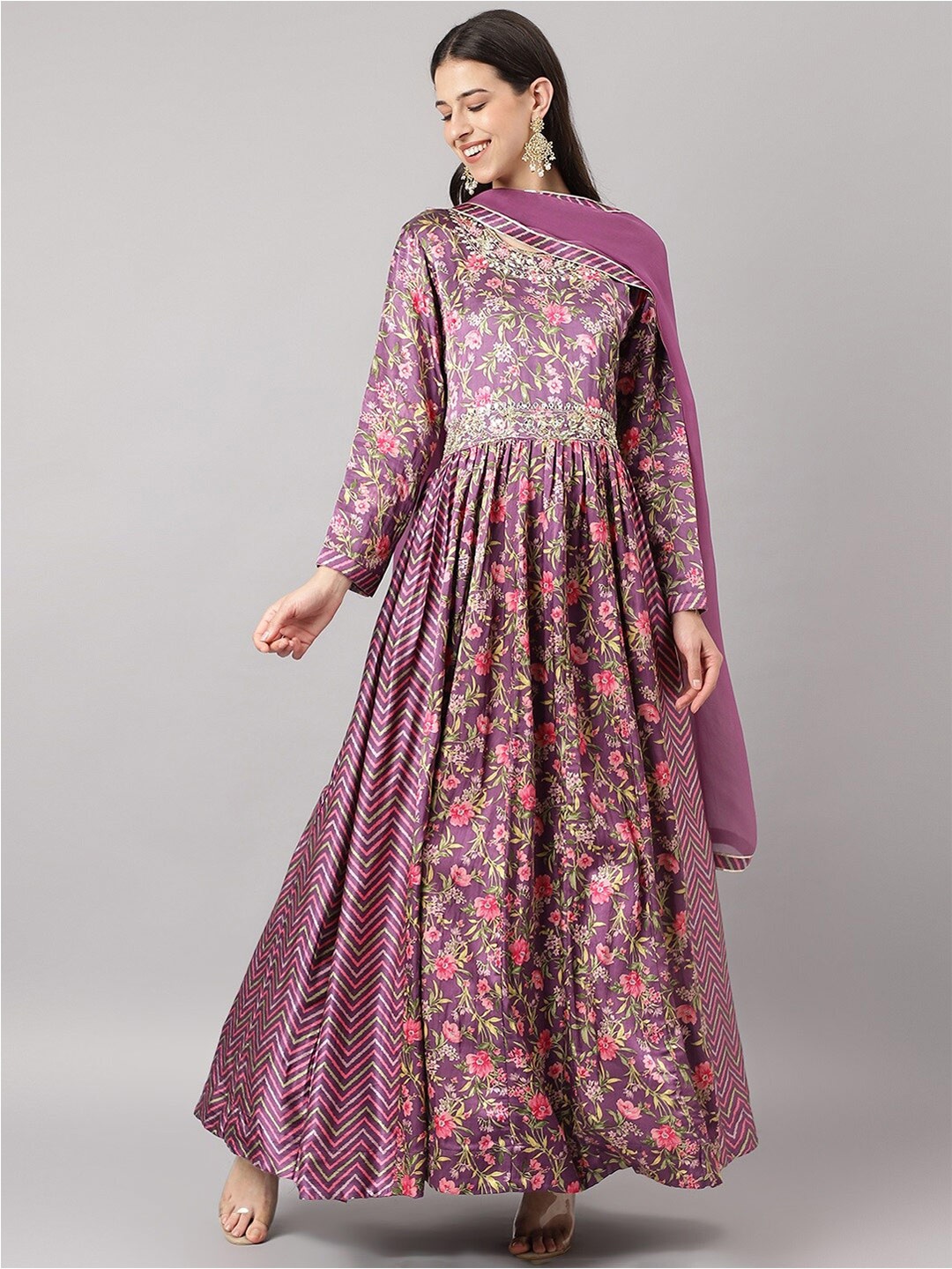 

Divena Purple Floral Satin Maxi Dress