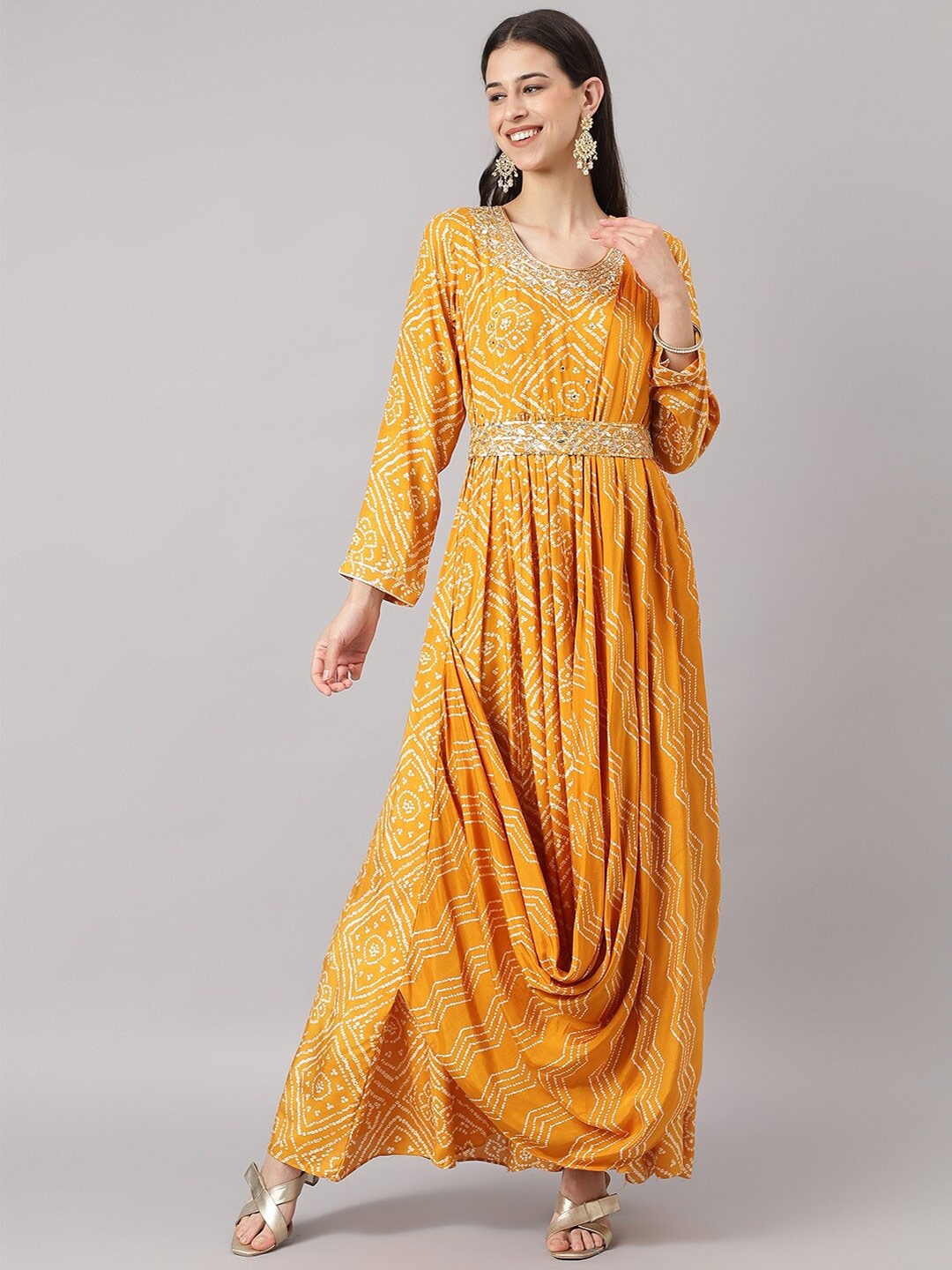 

Divena Mustard Yellow Ethnic Motifs Maxi Dress