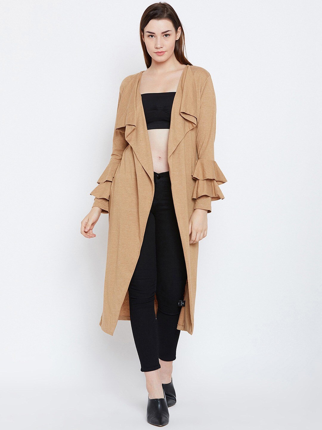 

Hypernation Women Bell Sleeves Longline Open-Front Shrug, Beige