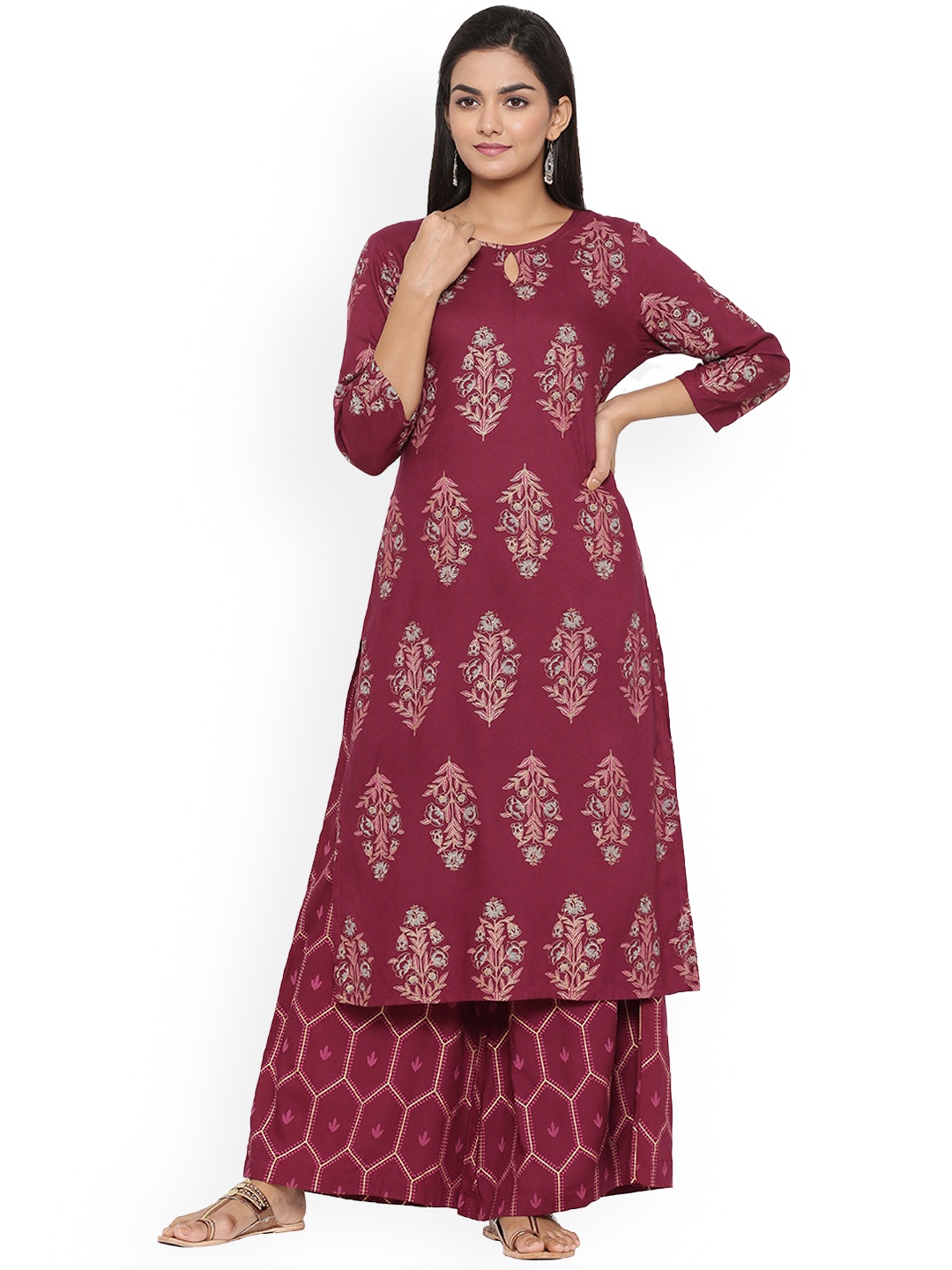 

mirari Floral Printed Keyhole Neck A-Line Kurta with Palazzos, Maroon