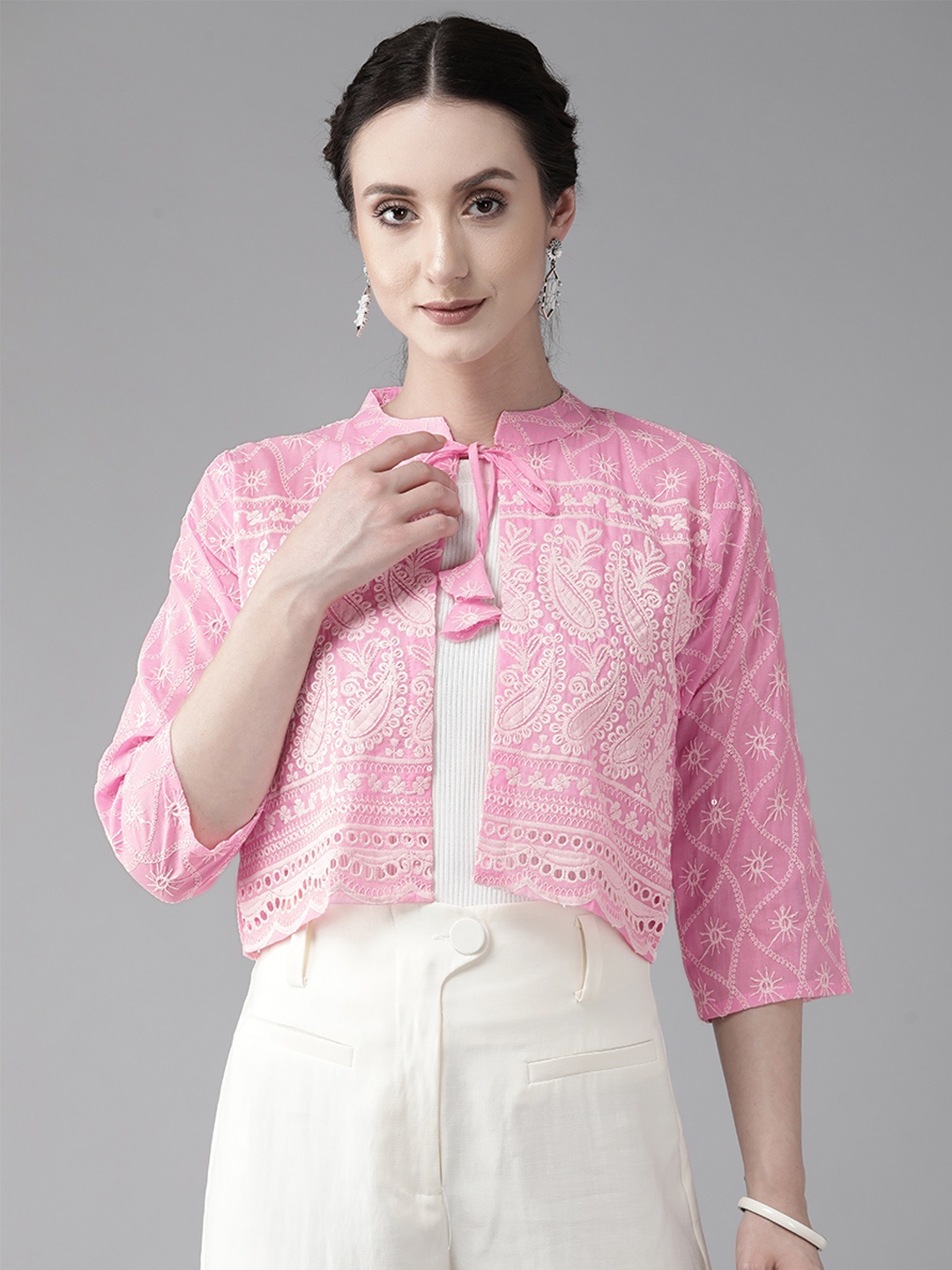 

Aarika Embroidered Crop Open Front Jacket, Pink
