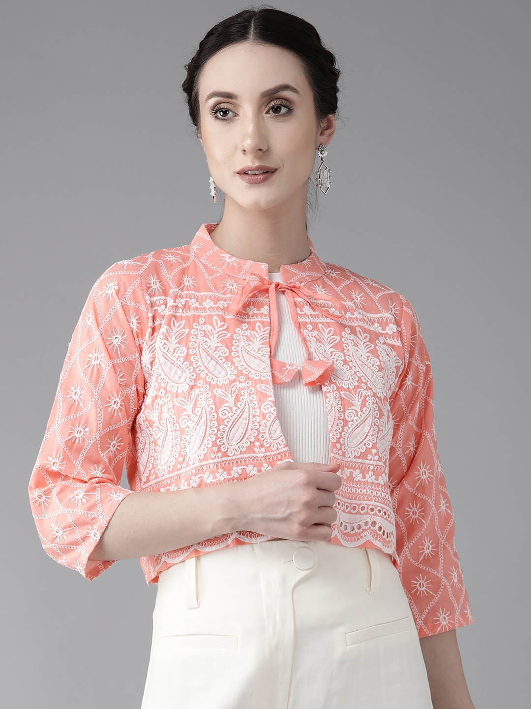 

Aarika Embroidered Lightweight Crop Cotton Cape Jacket, Peach