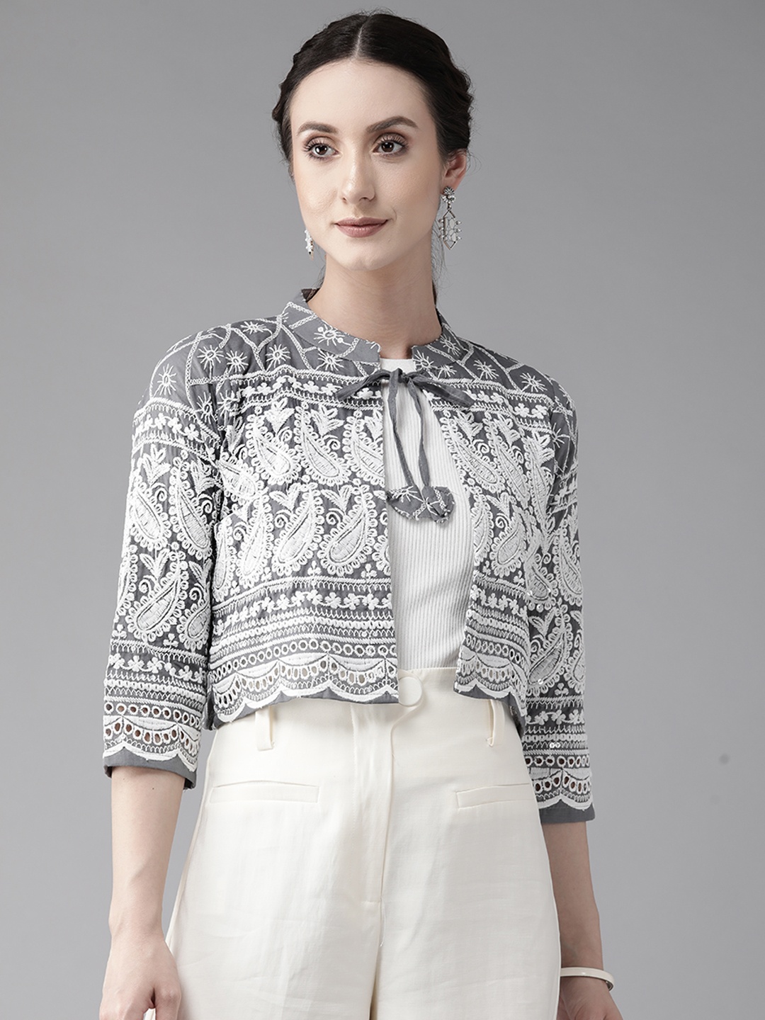 

Aarika Embroidered Lightweight Crop Open Front Cotton Jacket, Grey
