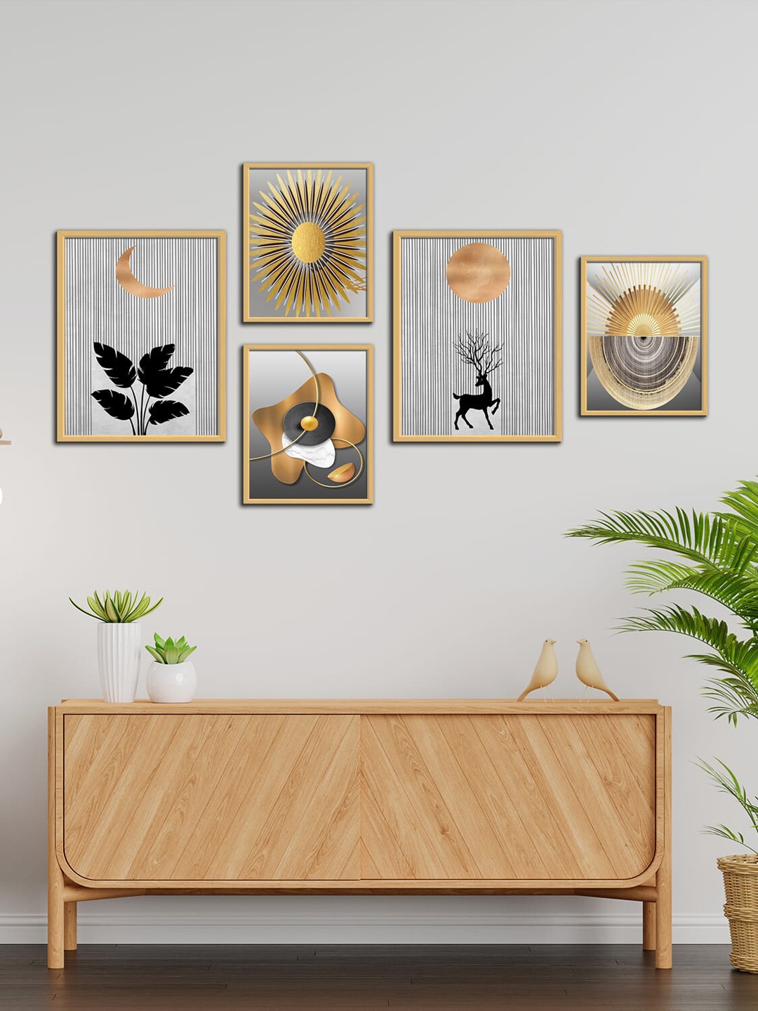 

WENS 5 Pieces Beige & Black Abstract Geometry Framed Wall Art