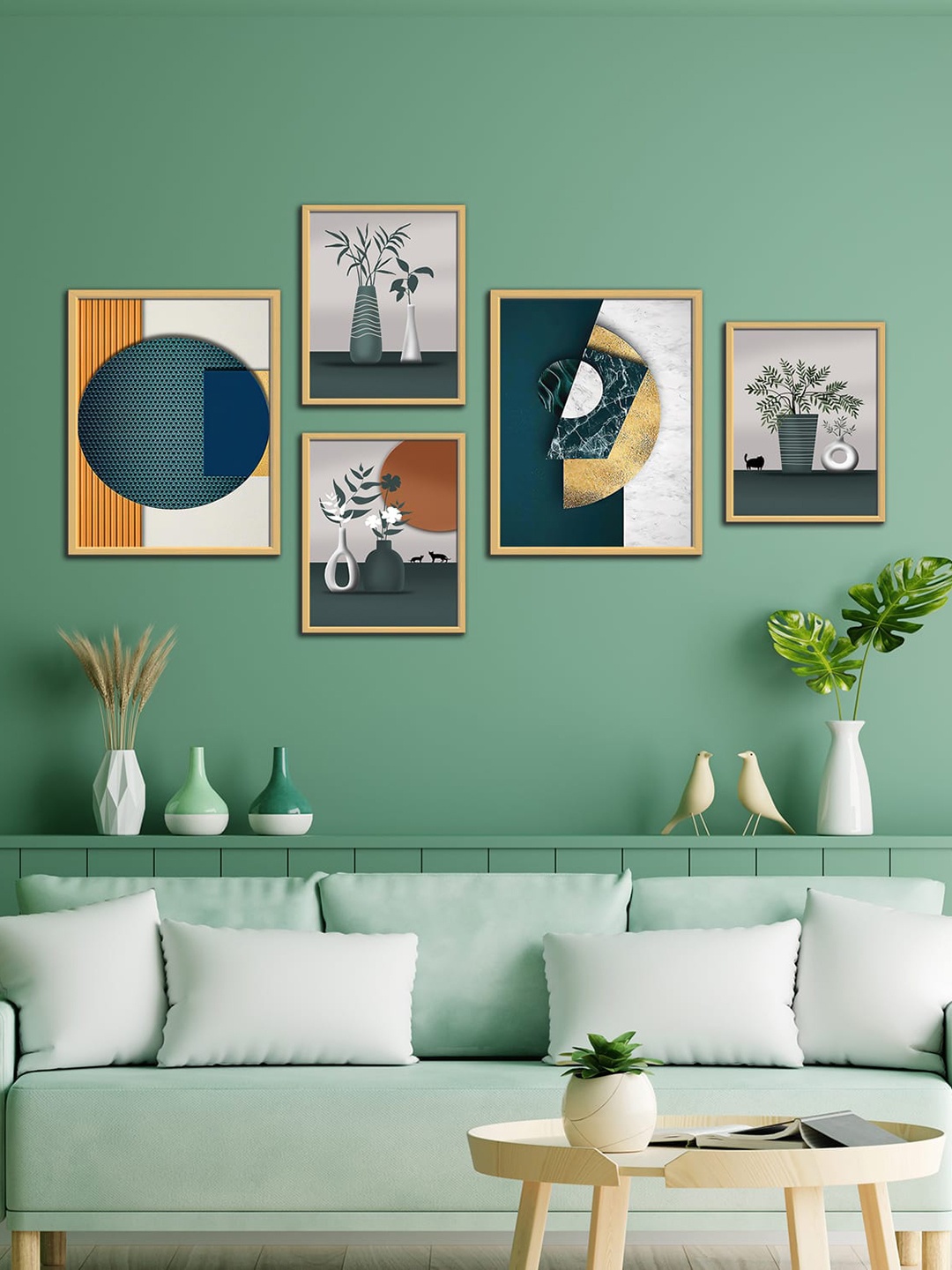 

WENS White & Teal 5 Pieces Floral Geometric Framed Canvas Paintings
