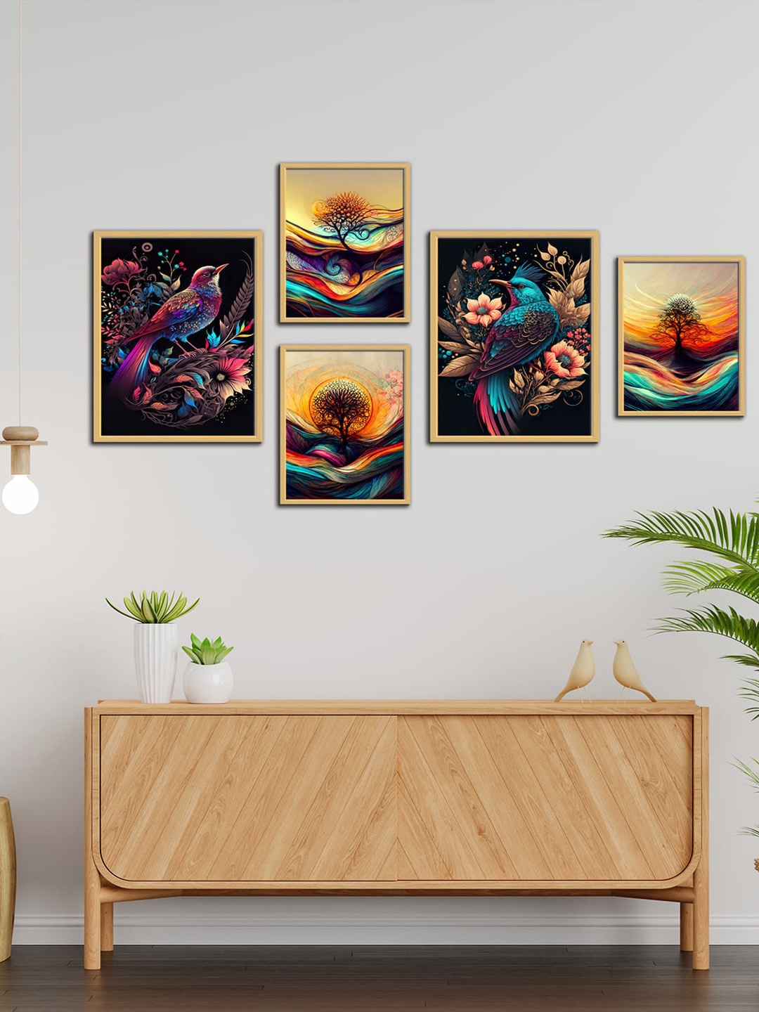 

WENS Black & Blue 5 Pieces Vastu Birds & Tree Framed Canvas Wall Art