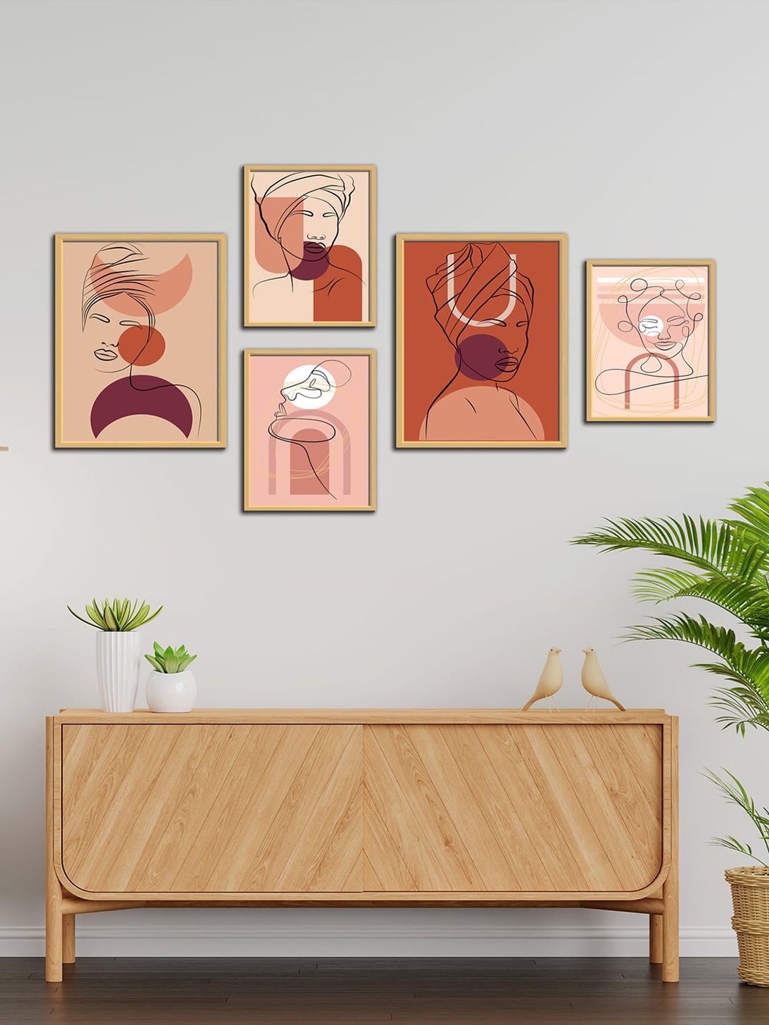 

WENS Beige & Beige 5 Pieces Boho Line Art Framed Paintings Wall Art