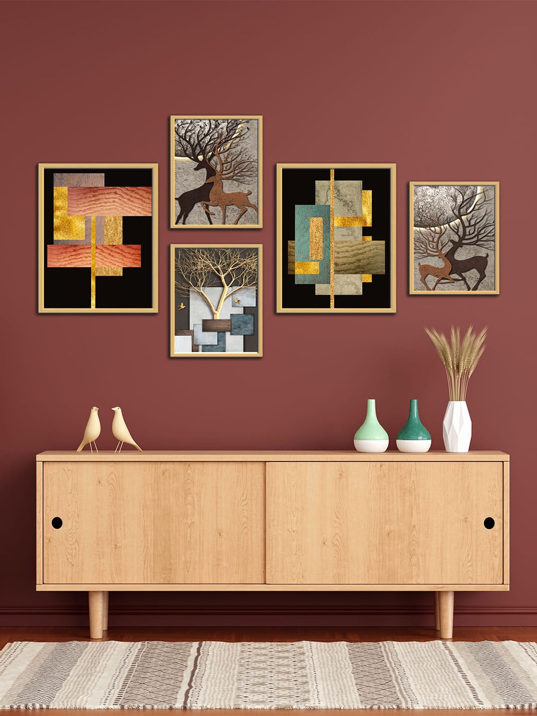 

WENS Black & Brown 5 Pieces Modern Art Deer Framed Paintings Wall Art