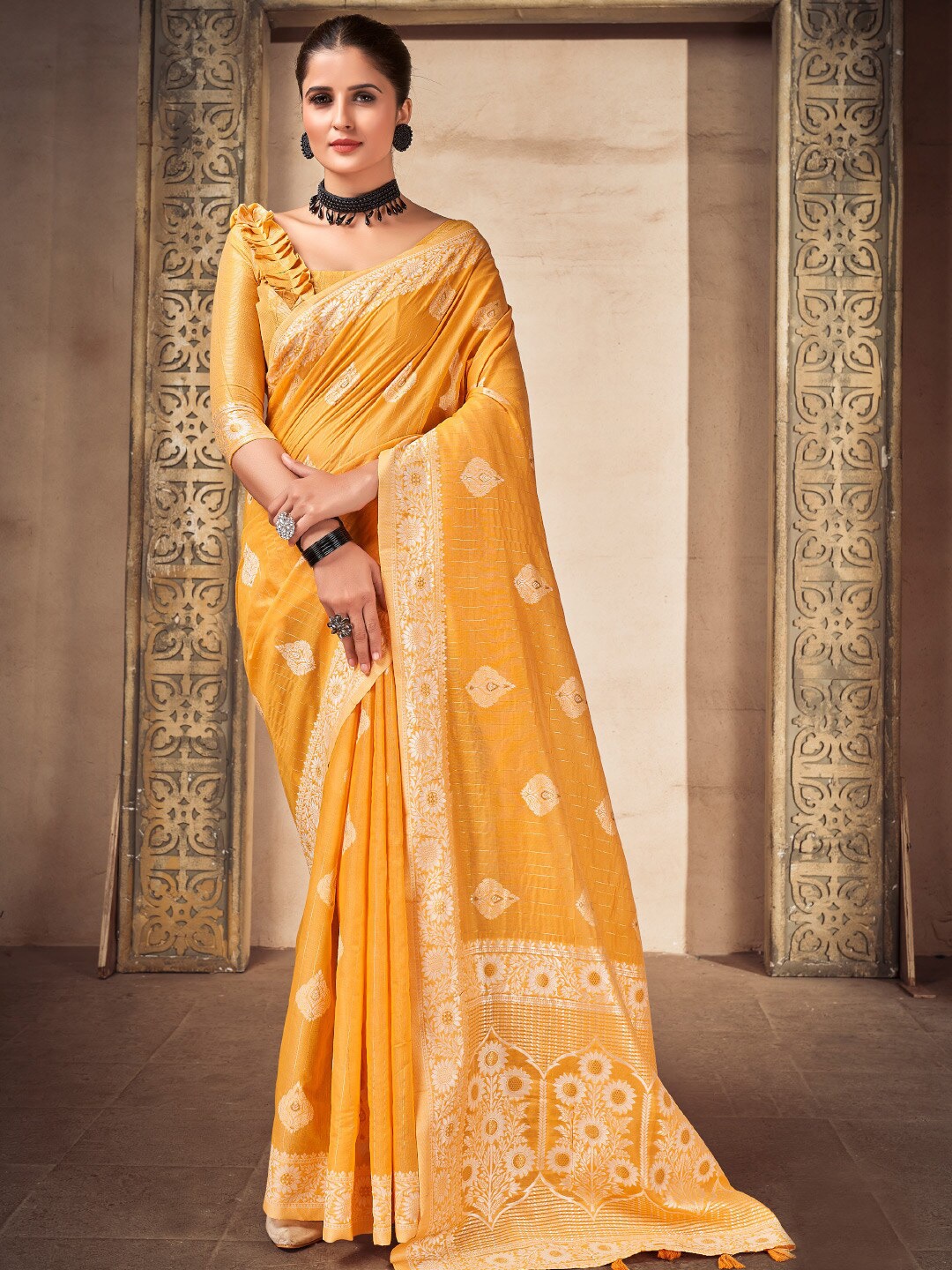 

KARAGIRI Ethinic Motifs Woven Design Zari Saree, Yellow