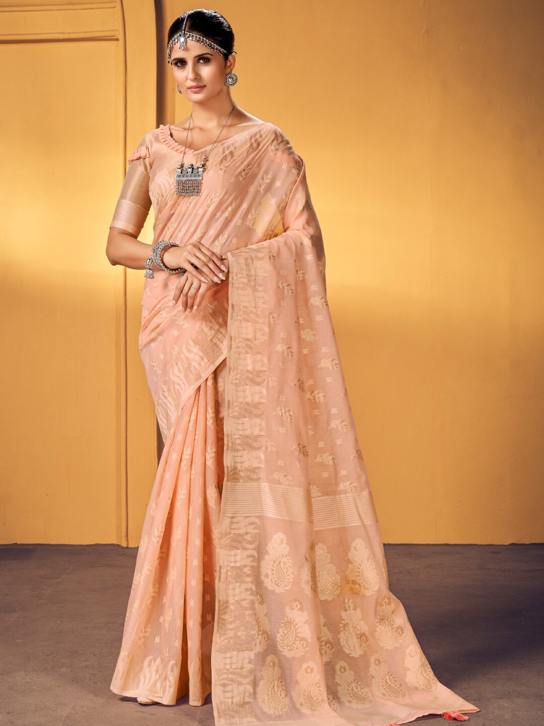 

KARAGIRI Floral Woven Design Zari Saree, Peach