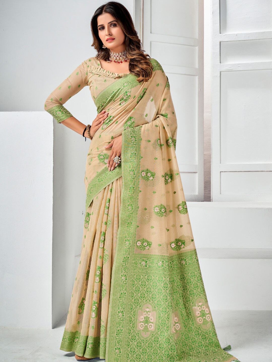 

KARAGIRI Floral Woven Design Zari Saree, Beige