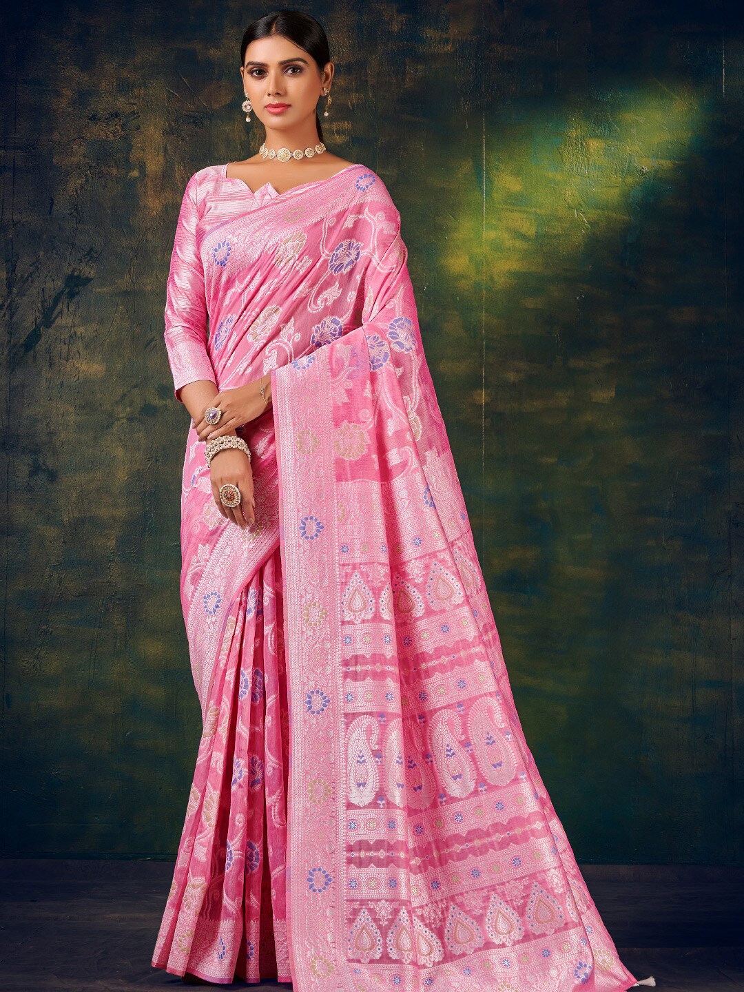 

KARAGIRI Floral Woven Design Zari Saree, Pink