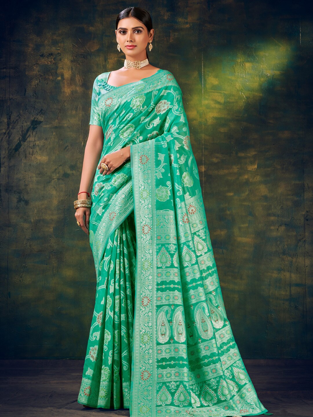 

KARAGIRI Floral Woven Design Zari Saree, Green