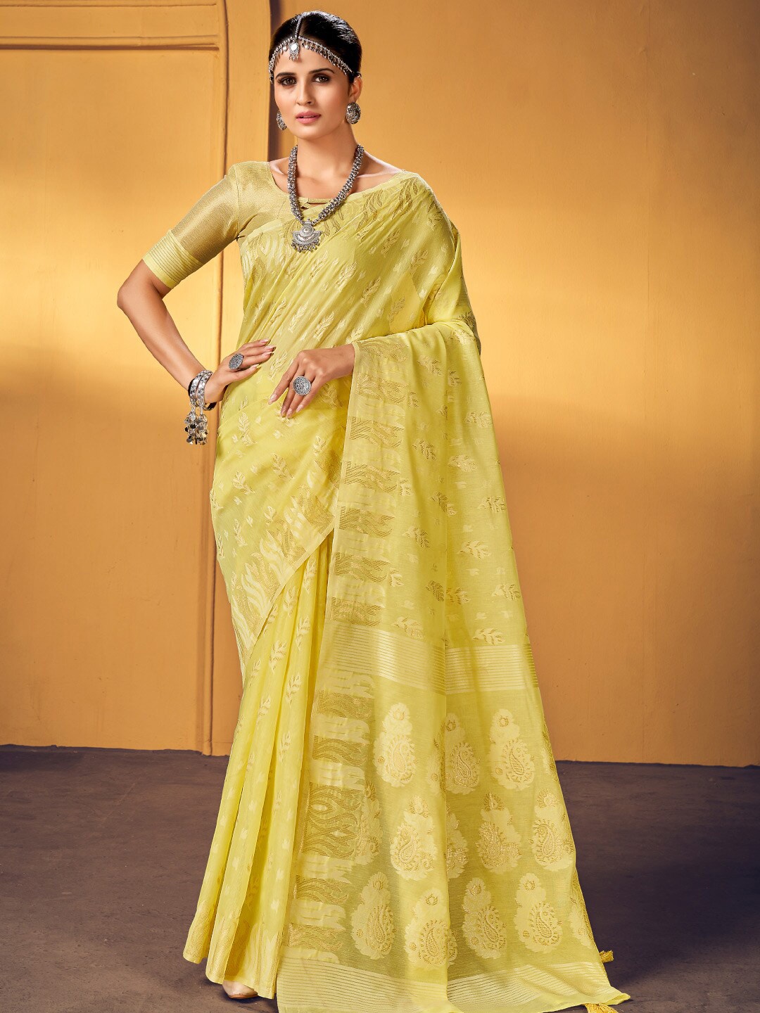 

KARAGIRI Floral Woven Design Zari Saree, Yellow