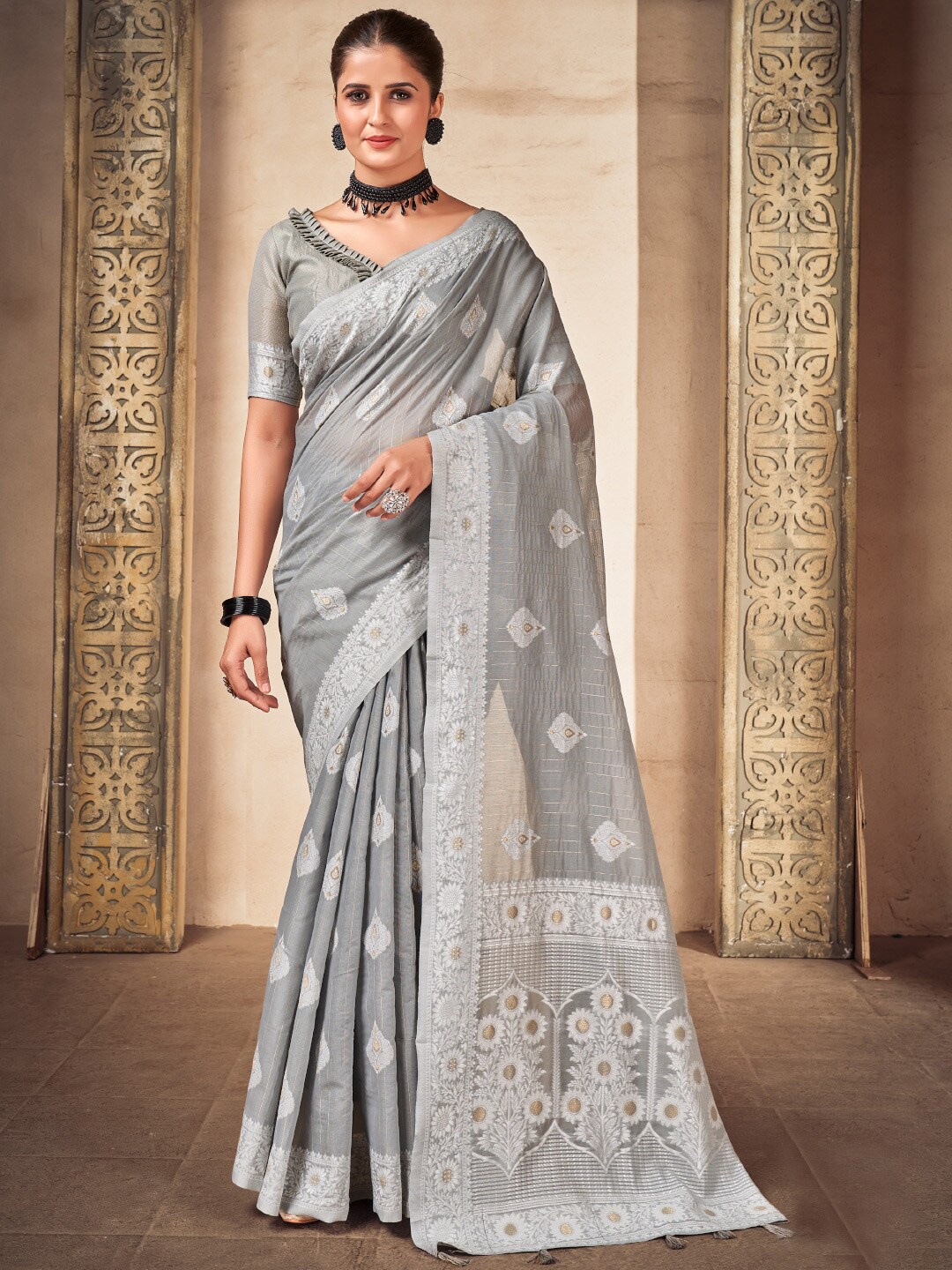 

KARAGIRI Ethnic Motifs Woven Design Zari Saree, Grey