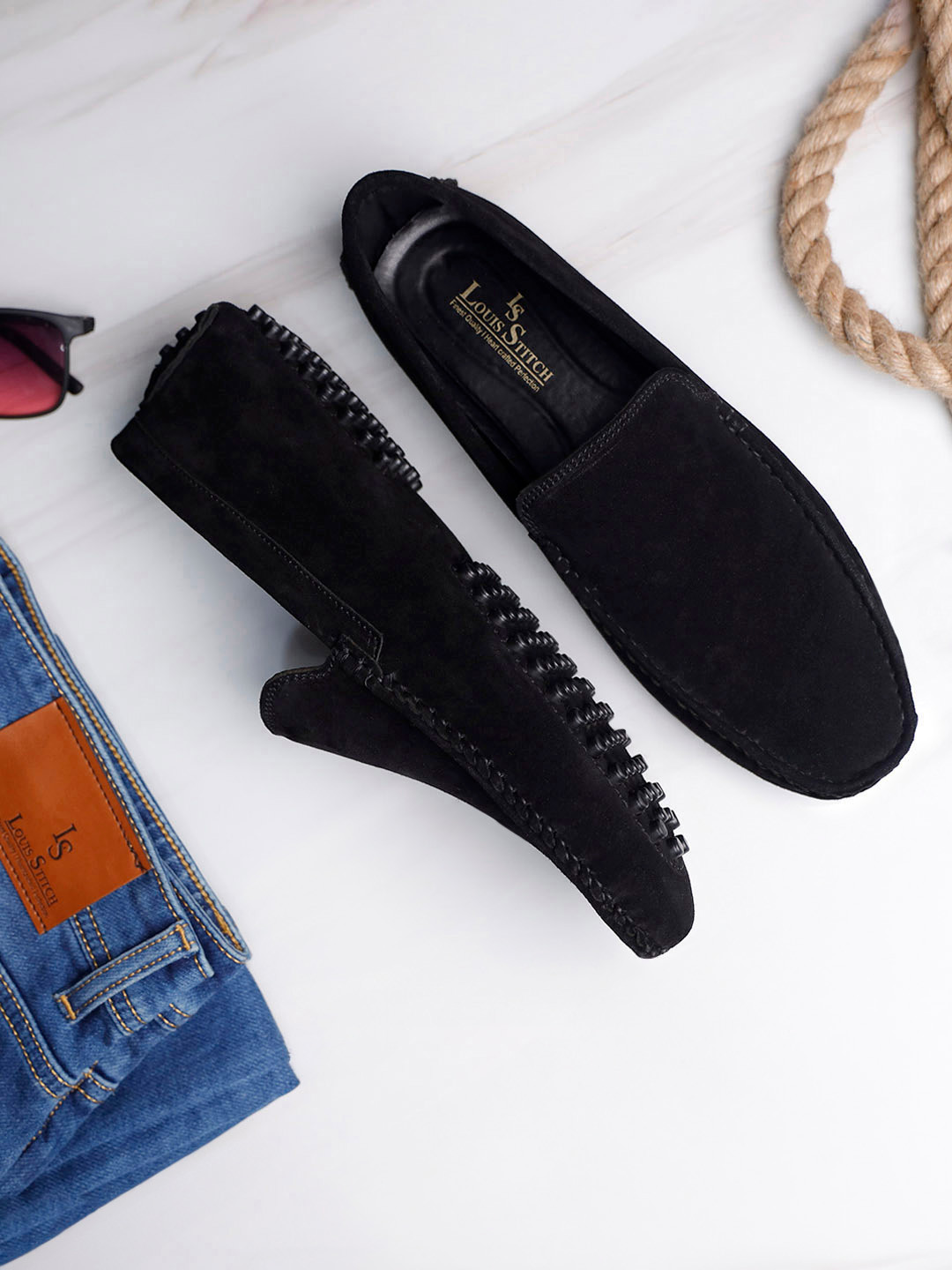 

LOUIS STITCH Men Classic Handmade Suede Driving Loafers, Black