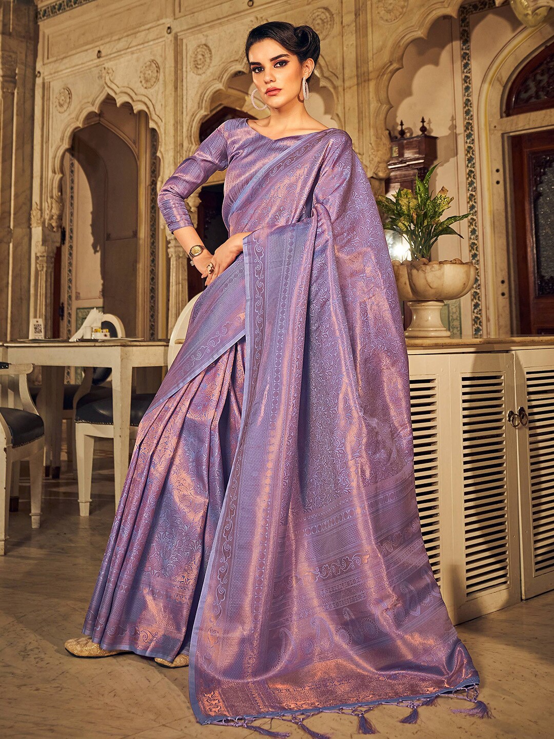 

KARAGIRI Floral Woven Design Zari Kanjeevaram Saree, Purple