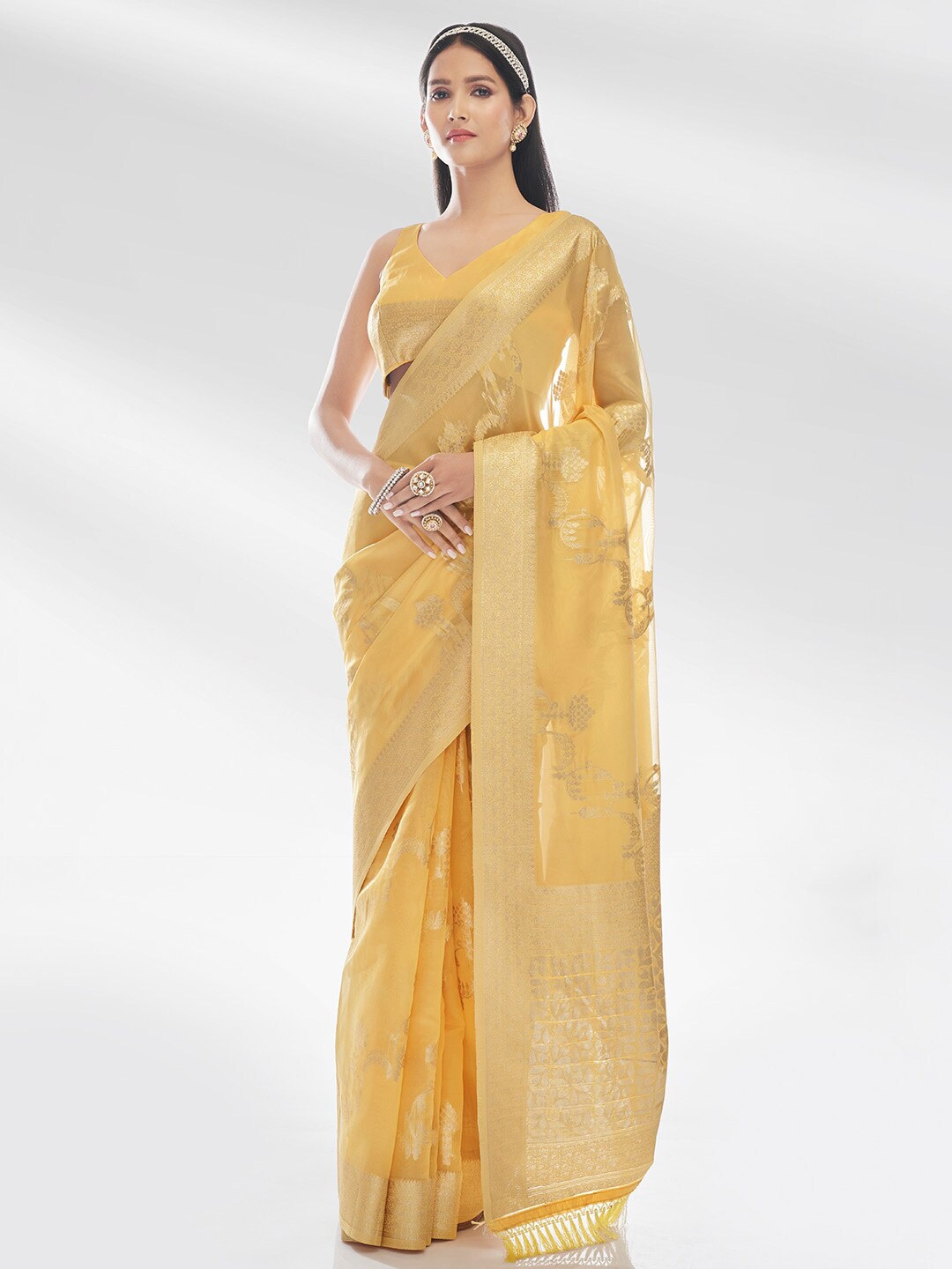 

KARAGIRI Ethnic Motifs Woven Design Zari Organza Saree, Yellow