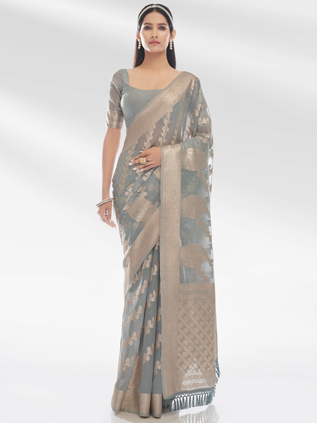 

KARAGIRI Floral Motif Woven Design Zari Organza Saree, Grey