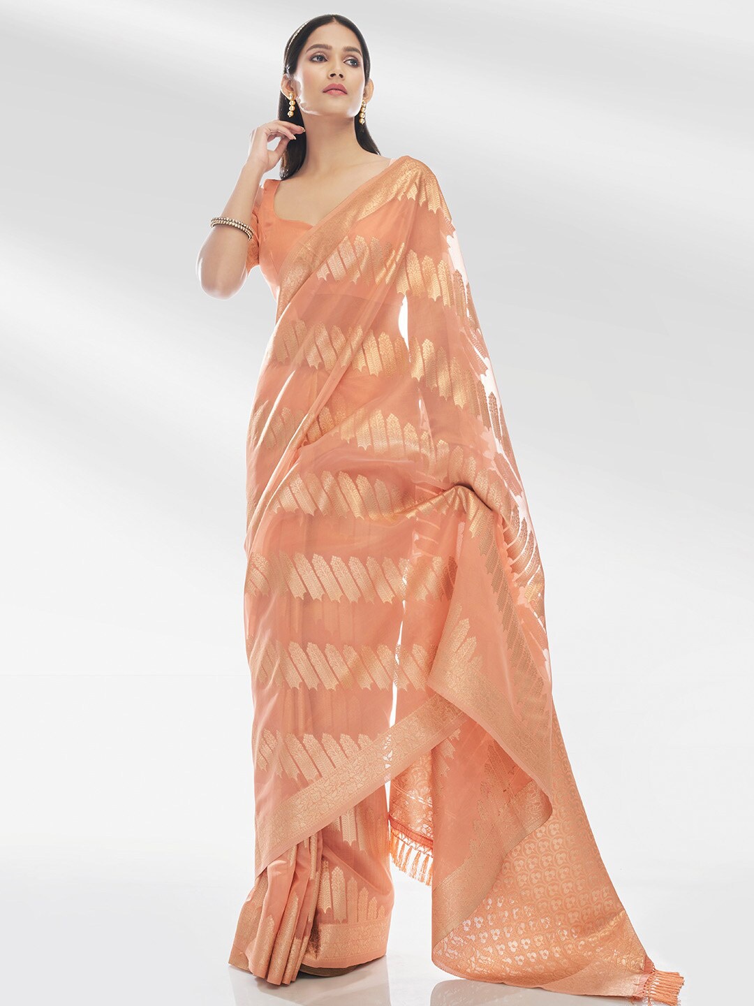 

KARAGIRI Ethnic Motifs Woven Design Zari Organza Saree, Peach