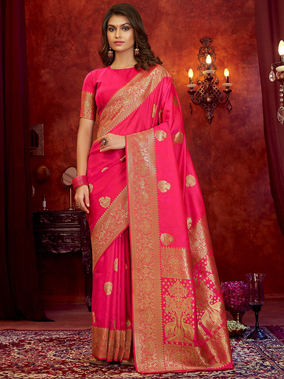 

KARAGIRI Ethnic Motifs Woven Design Zari Banarasi Saree, Pink